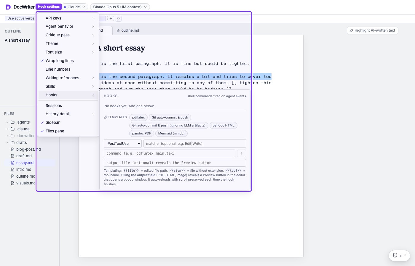 Hook templates and settings