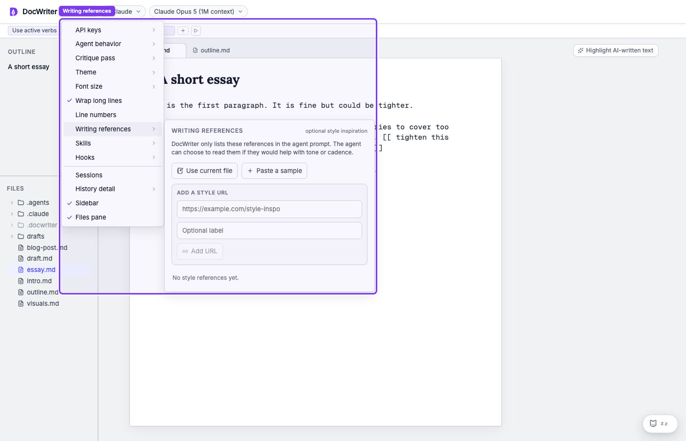 The Writing references panel open from Settings
