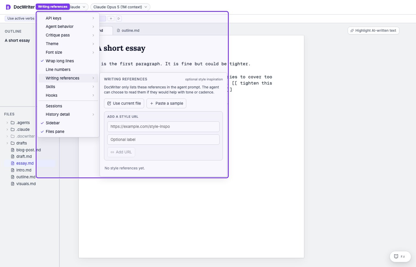 The Writing references panel open from Settings