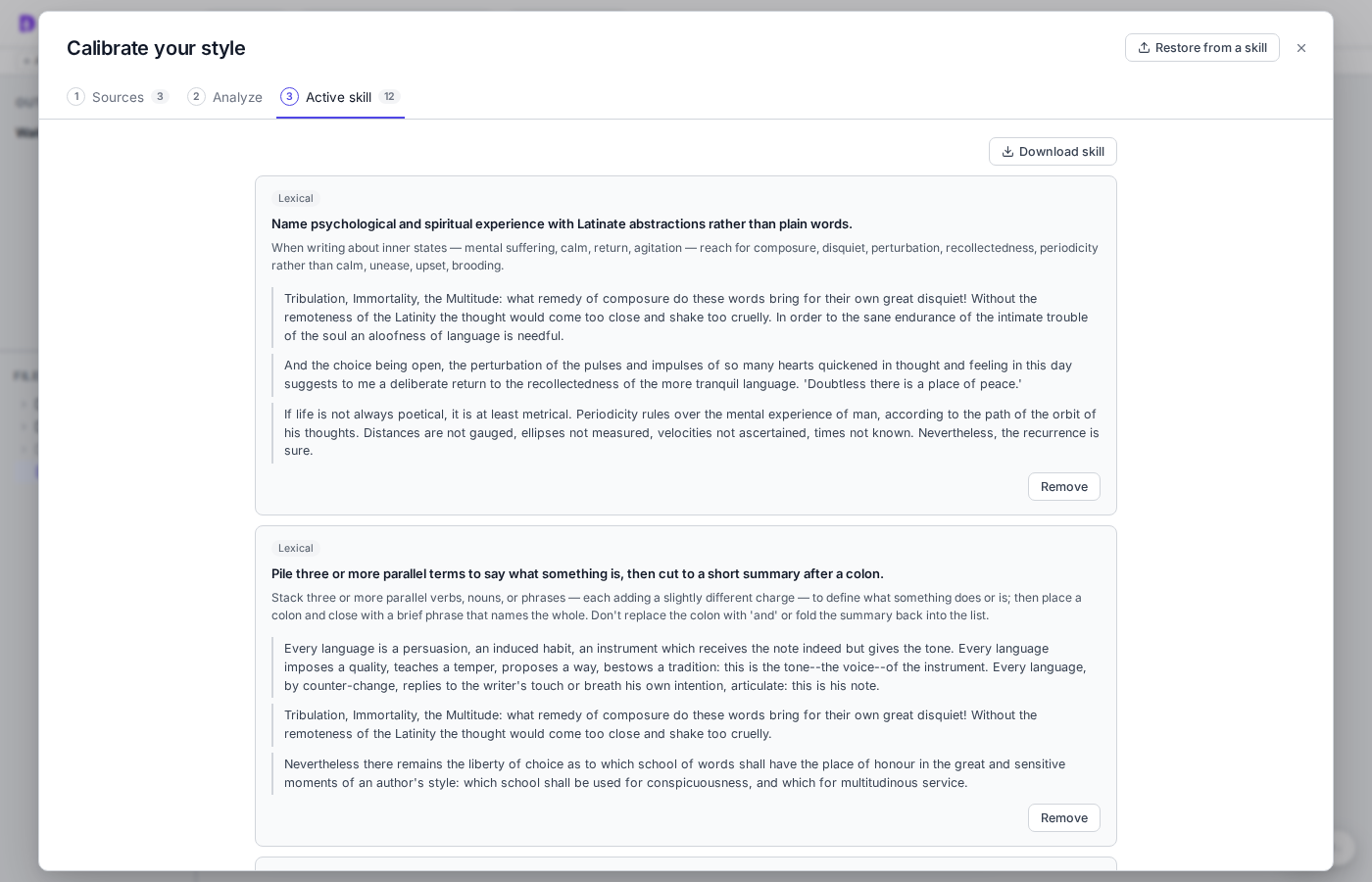 The Active skill step listing style propositions with example passages