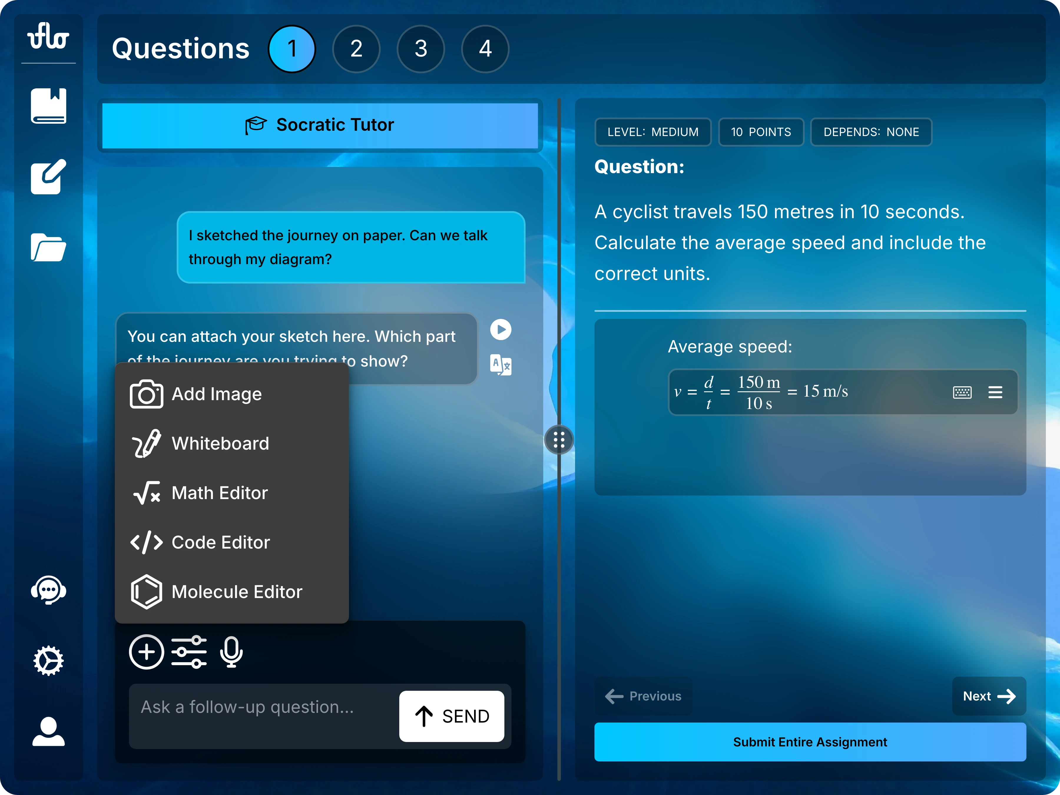 Full assessment page with the tutor's attachment menu open, showing image, whiteboard, math, code, and molecule options.