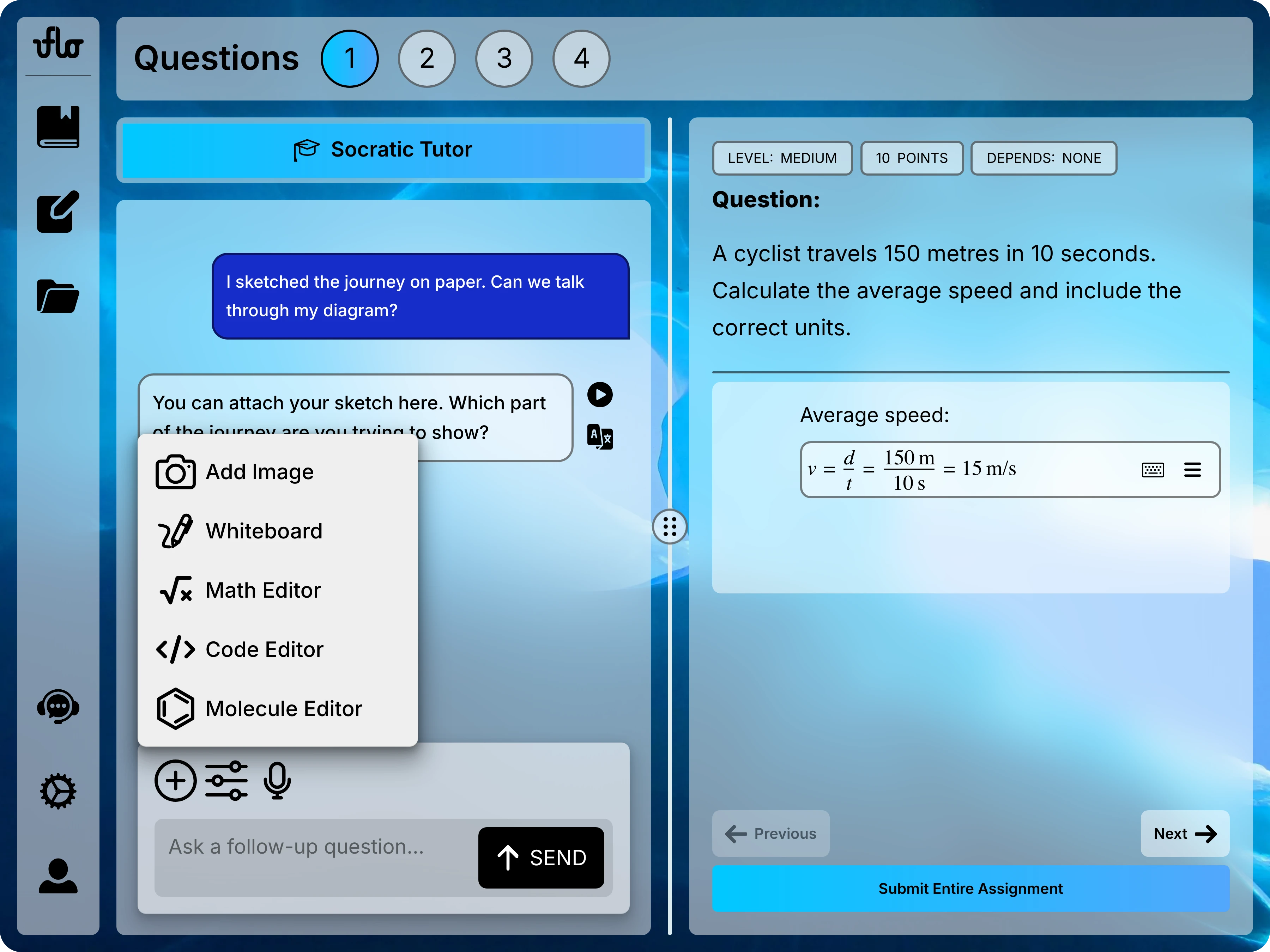 Full assessment page with the tutor's attachment menu open, showing image, whiteboard, math, code, and molecule options.