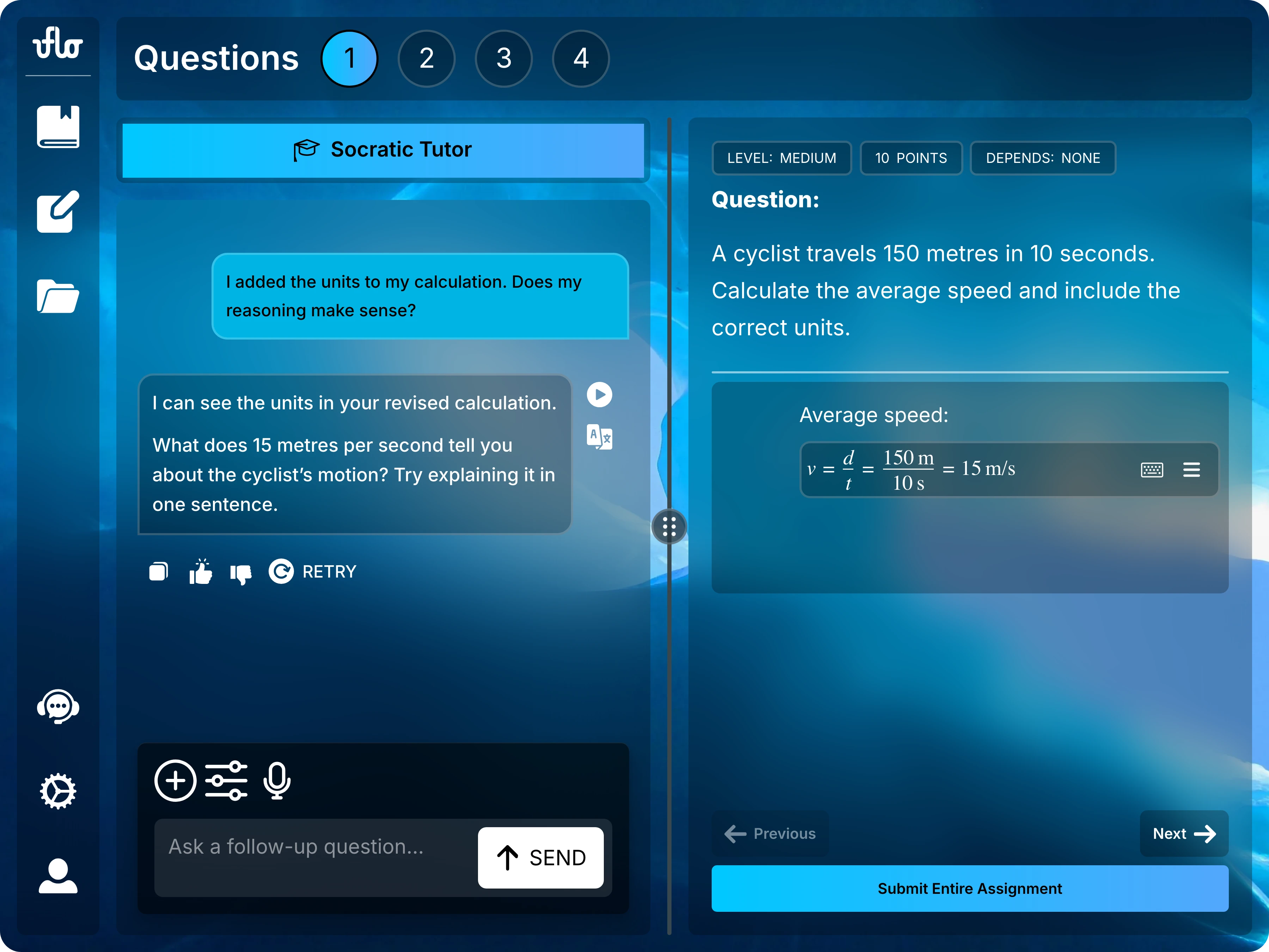 Assessment page showing a revised math editor calculation with metres per second and the tutor discussing the updated response beside it.