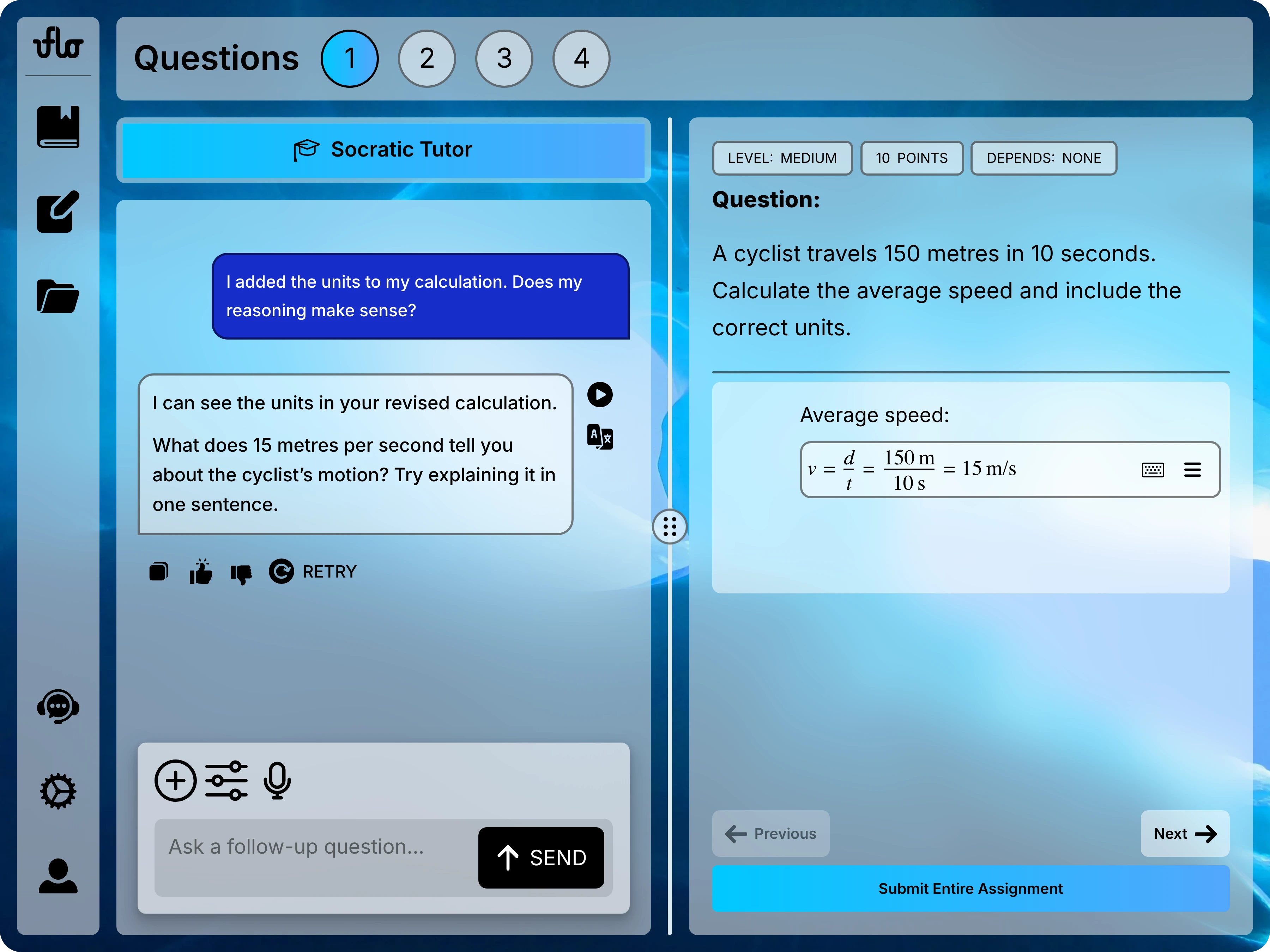Assessment page showing a revised math editor calculation with metres per second and the tutor discussing the updated response beside it.
