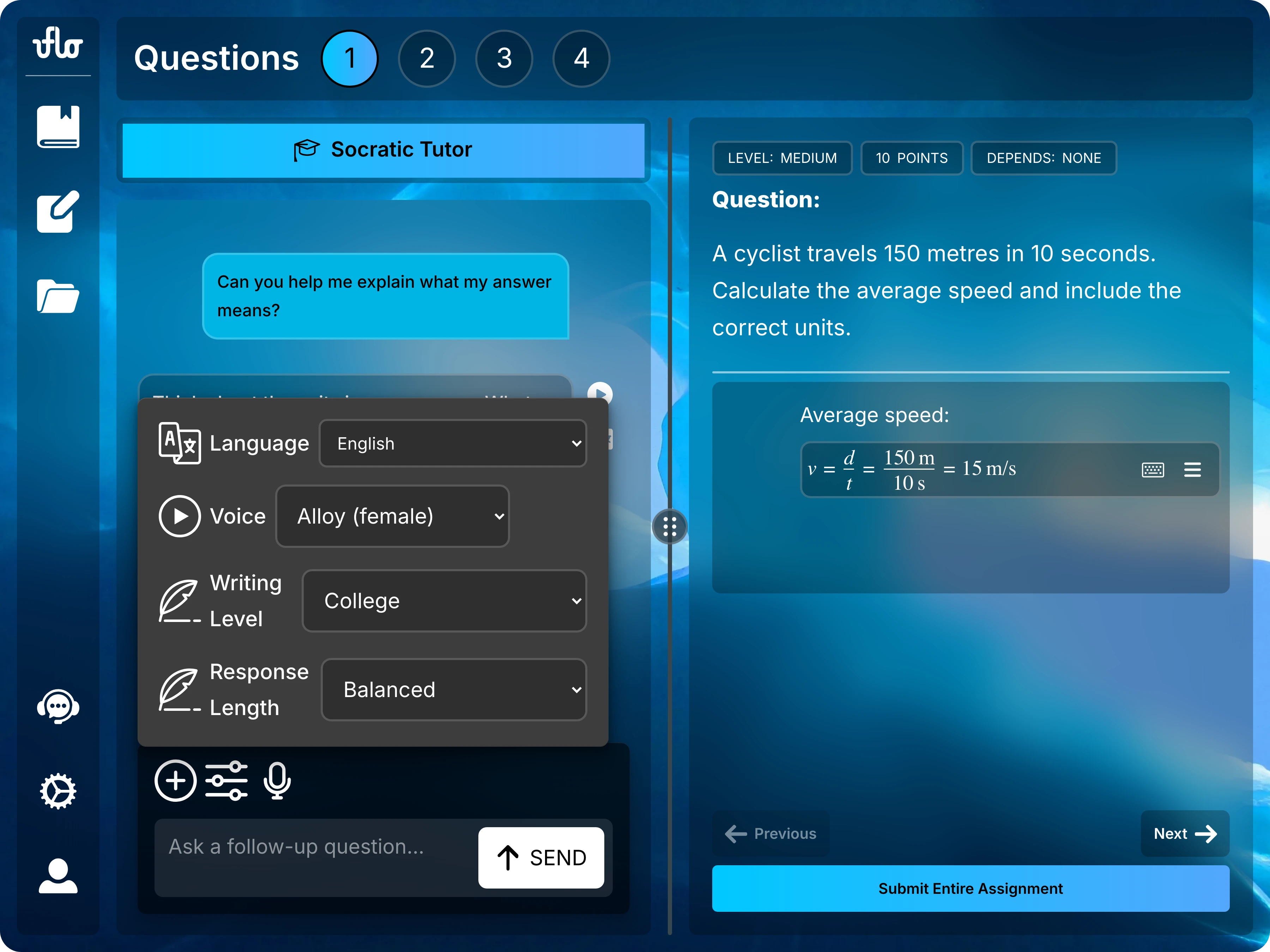 Full assessment page with the tutor's language, voice, writing level, and response length settings open above the message field.