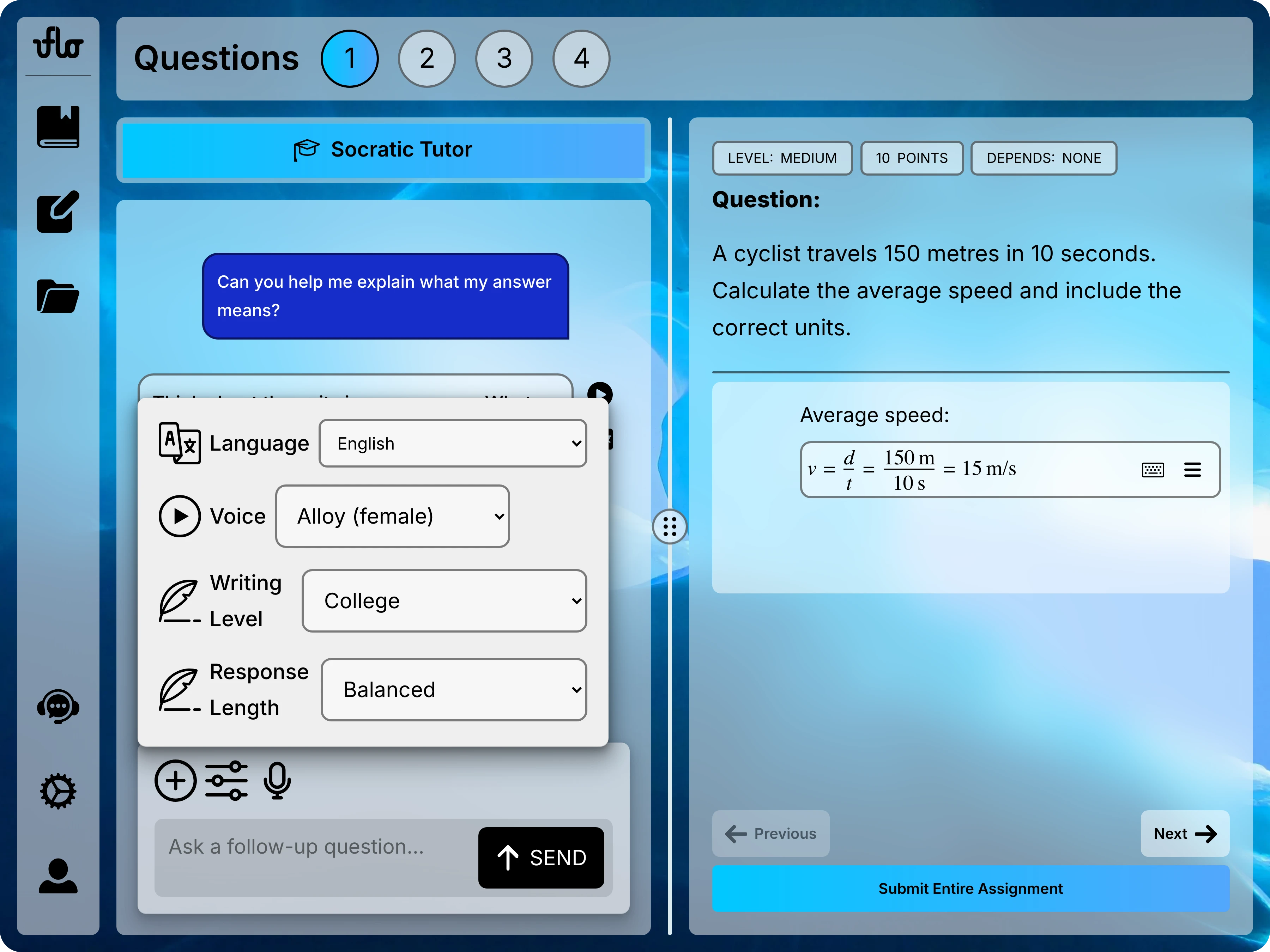 Full assessment page with the tutor's language, voice, writing level, and response length settings open above the message field.