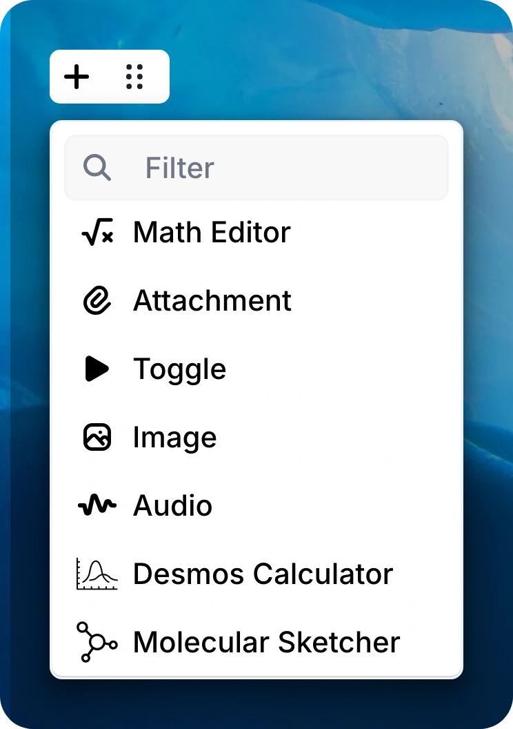 Close-up of the editor’s + button and open menu, showing Math Editor, Attachment, Image, and other tools.