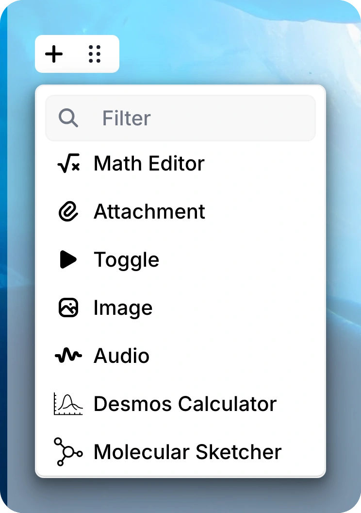 Close-up of the editor’s + button and open menu, showing Math Editor, Attachment, Image, and other tools.
