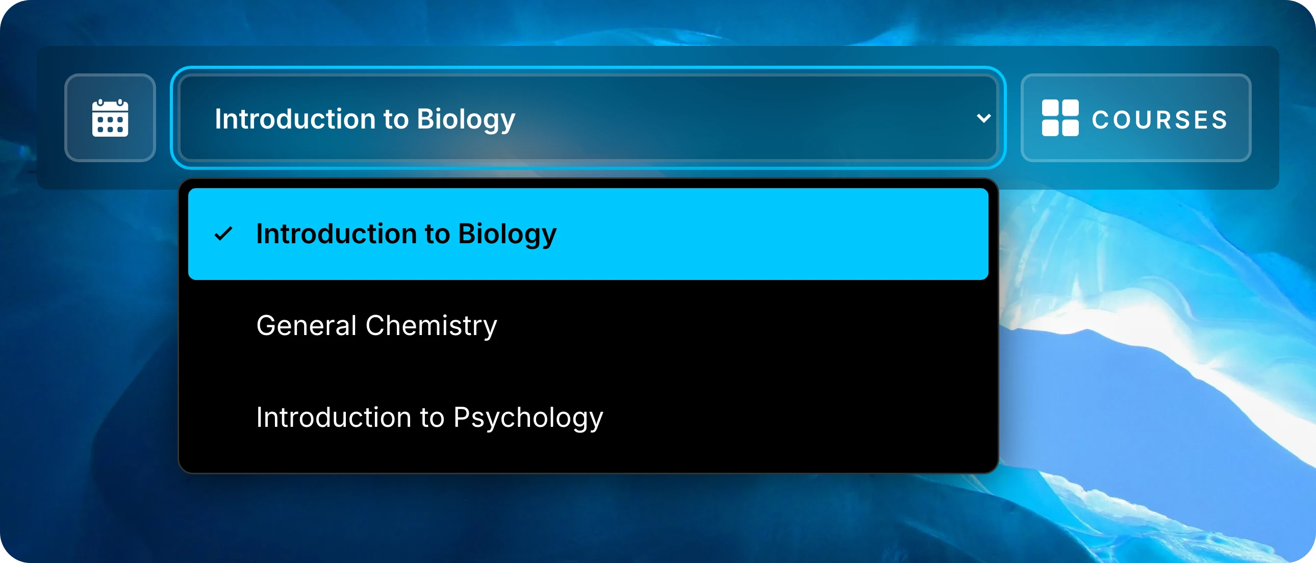 Open course dropdown with Introduction to Biology selected and General Chemistry and Introduction to Psychology available to choose.