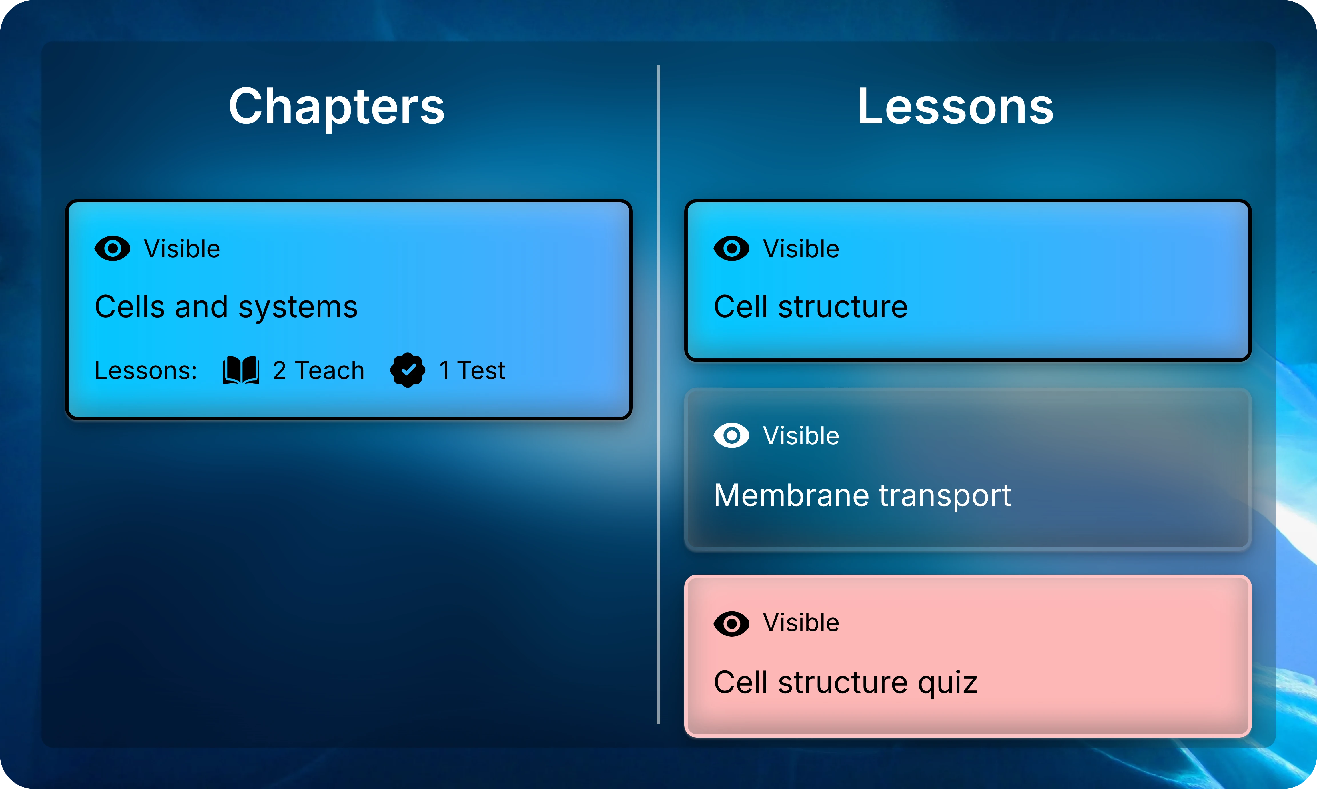 Chapters and Lessons panels with Cells and systems and Cell structure highlighted.