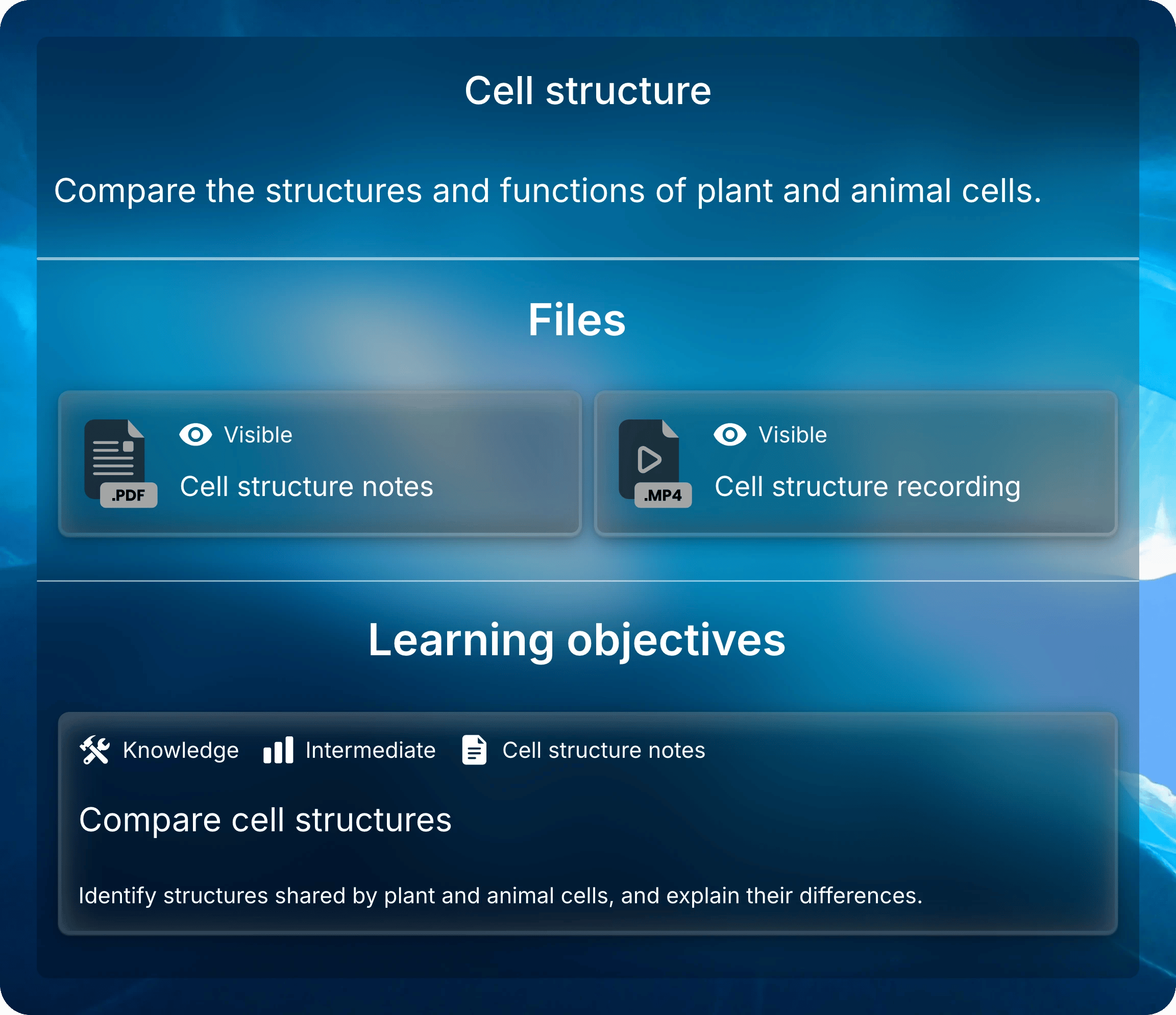Cell structure lesson showing notes, a recording, and the learning objective Compare cell structures.