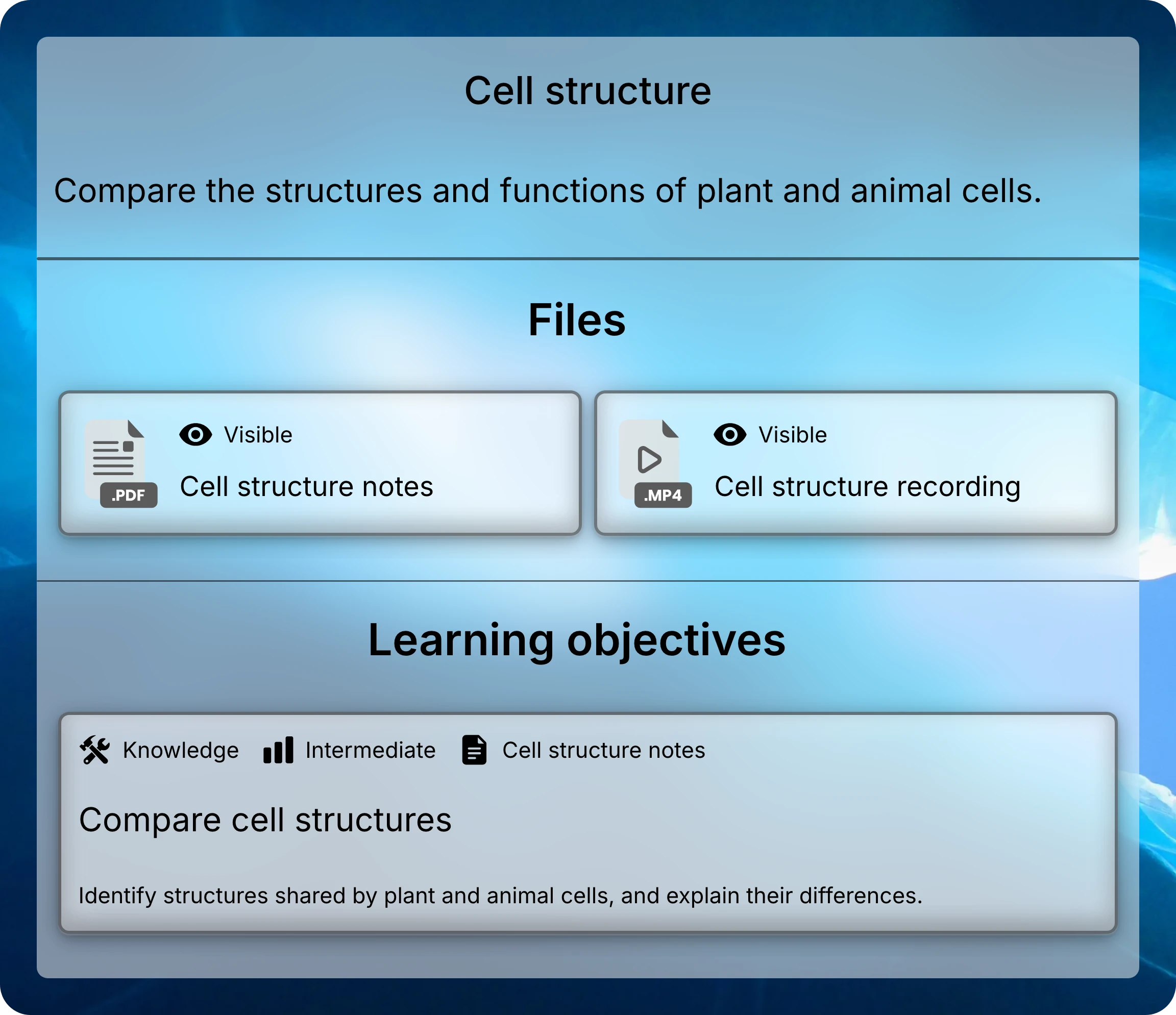 Cell structure lesson showing notes, a recording, and the learning objective Compare cell structures.