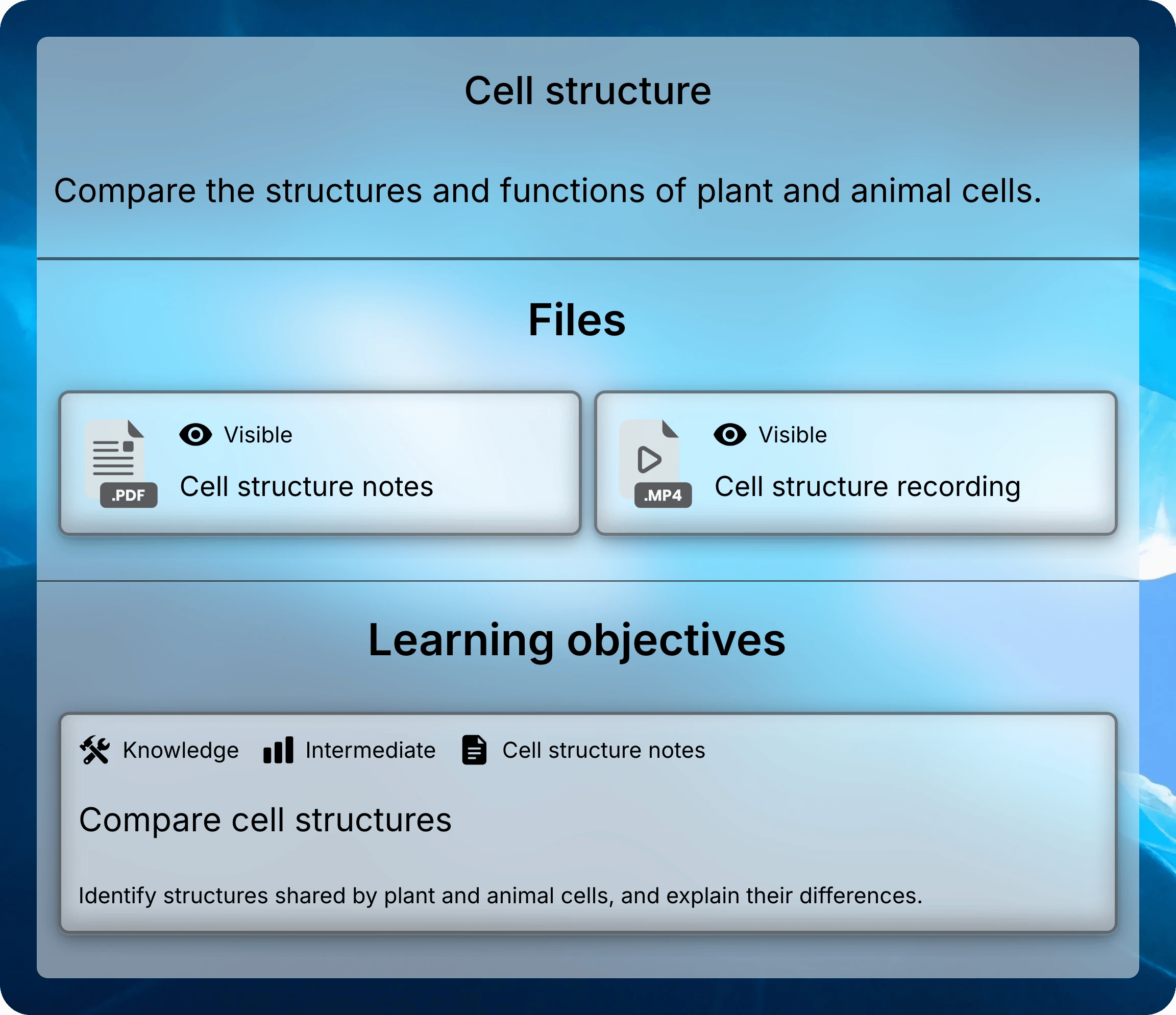 Cell structure lesson showing notes, a recording, and the learning objective Compare cell structures.