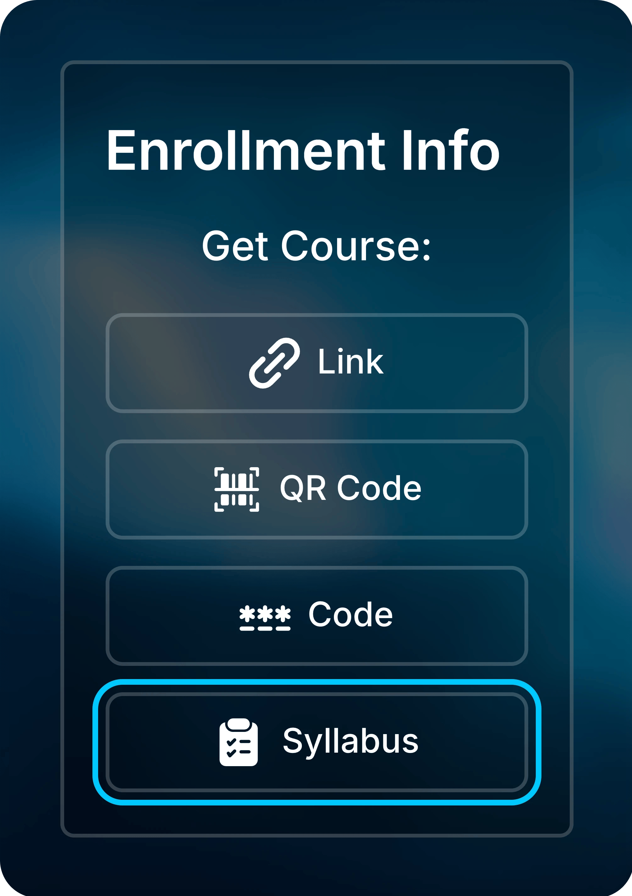 Enrollment Info panel with the Syllabus button highlighted below Link, QR Code, and Code.