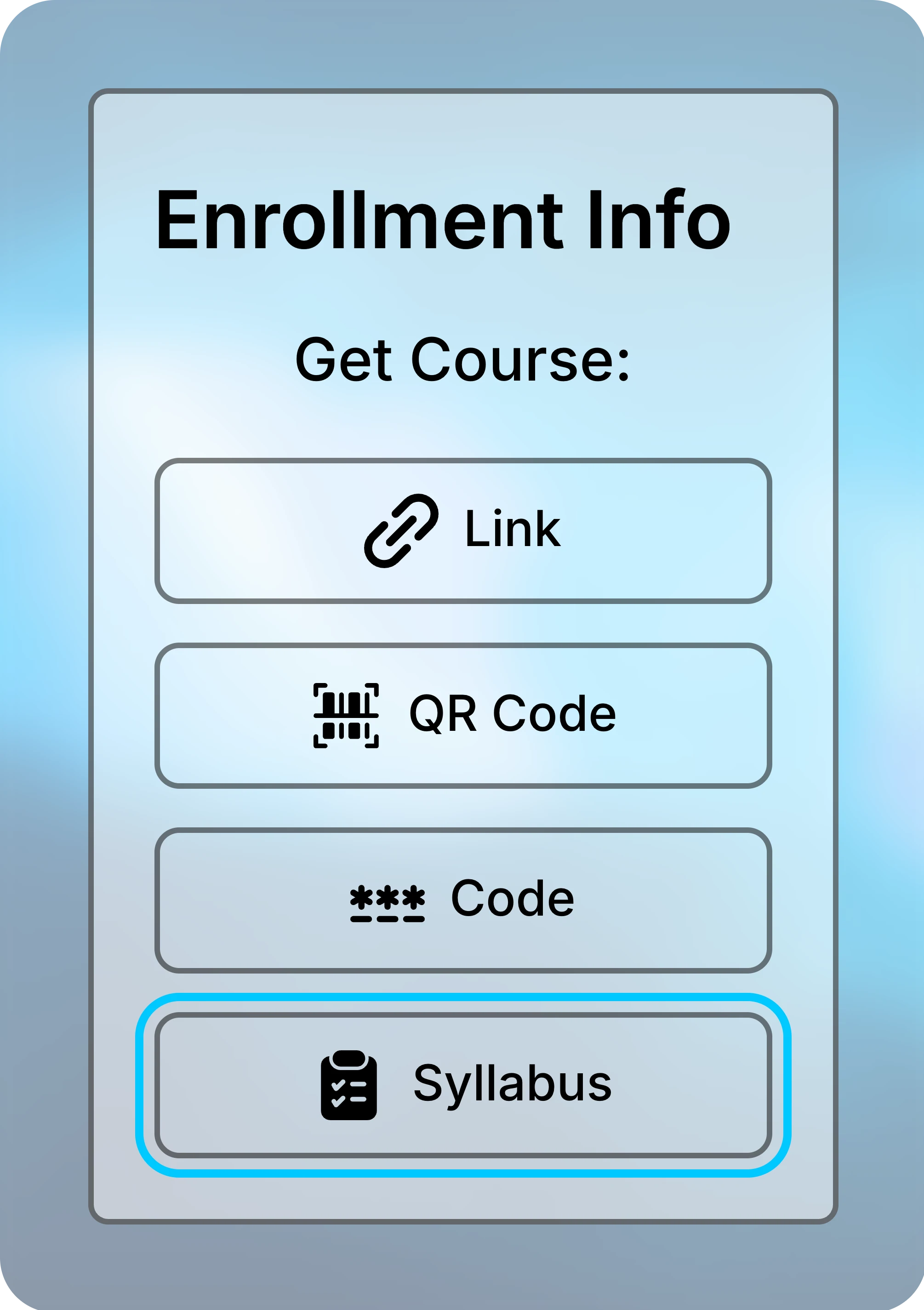 Enrollment Info panel with the Syllabus button highlighted below Link, QR Code, and Code.