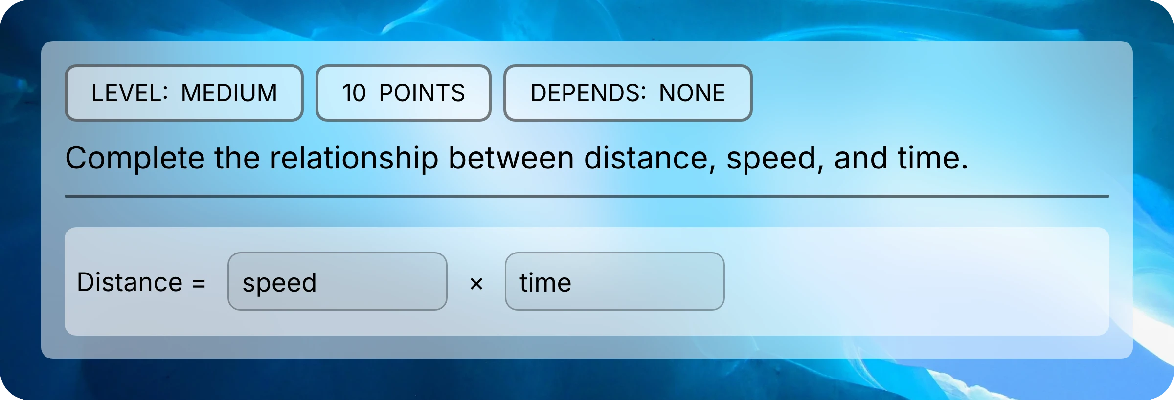 Distance equals speed times time, with speed and time entered in text blanks.
