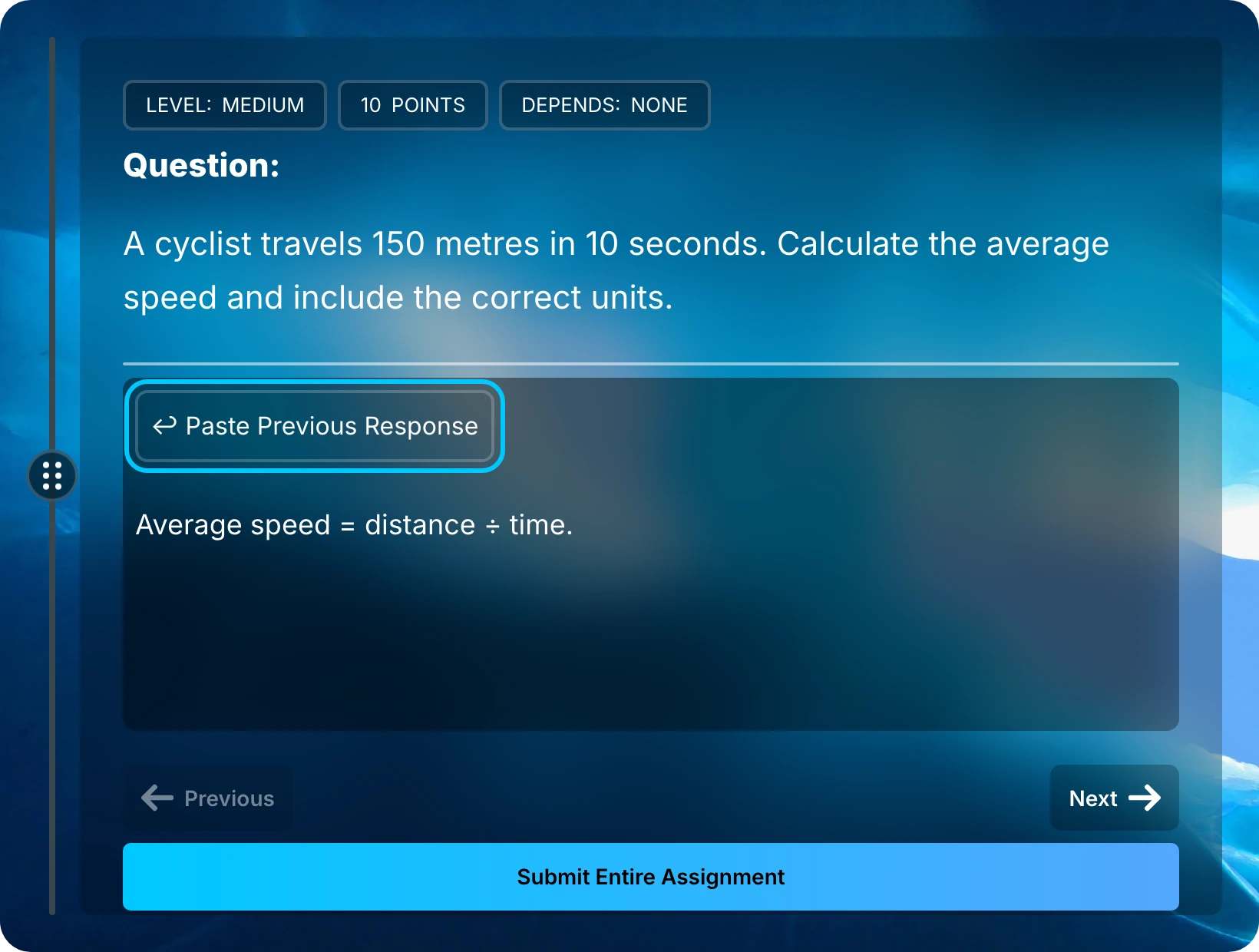 Paste Previous Response button highlighted above a written answer.