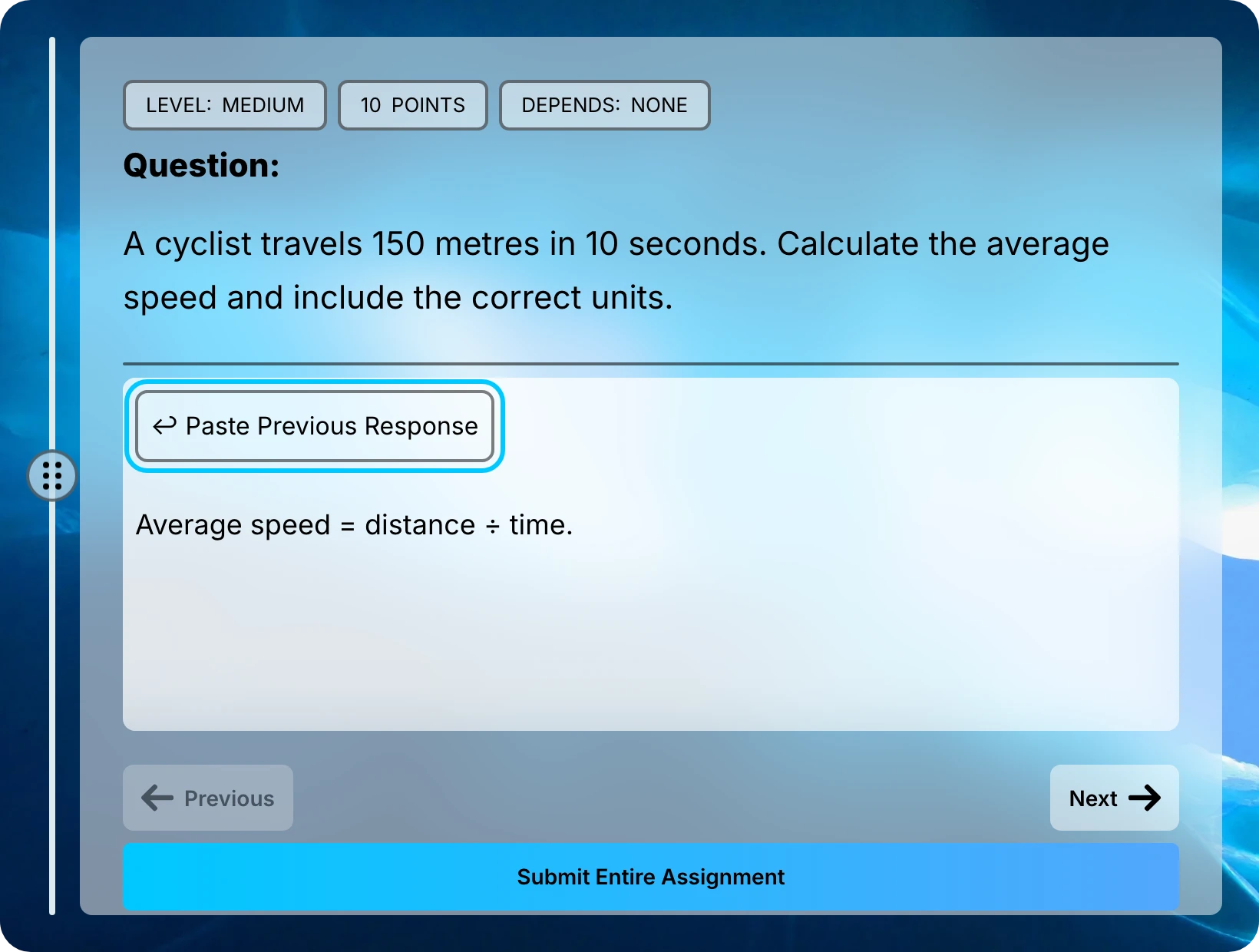 Paste Previous Response button highlighted above a written answer.