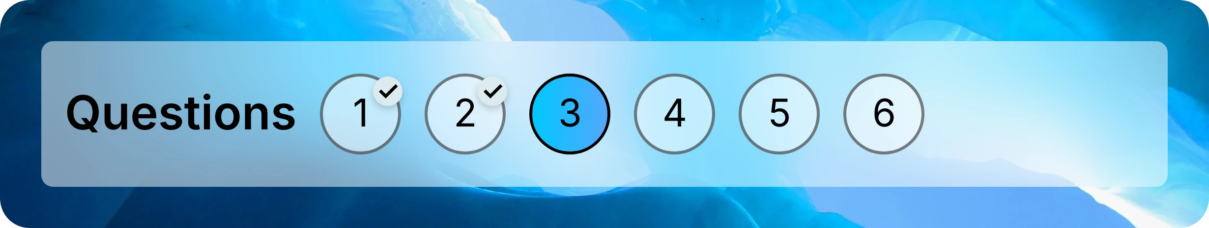 Question navigation showing saved-response checkmarks on questions 1 and 2, with question 3 selected.