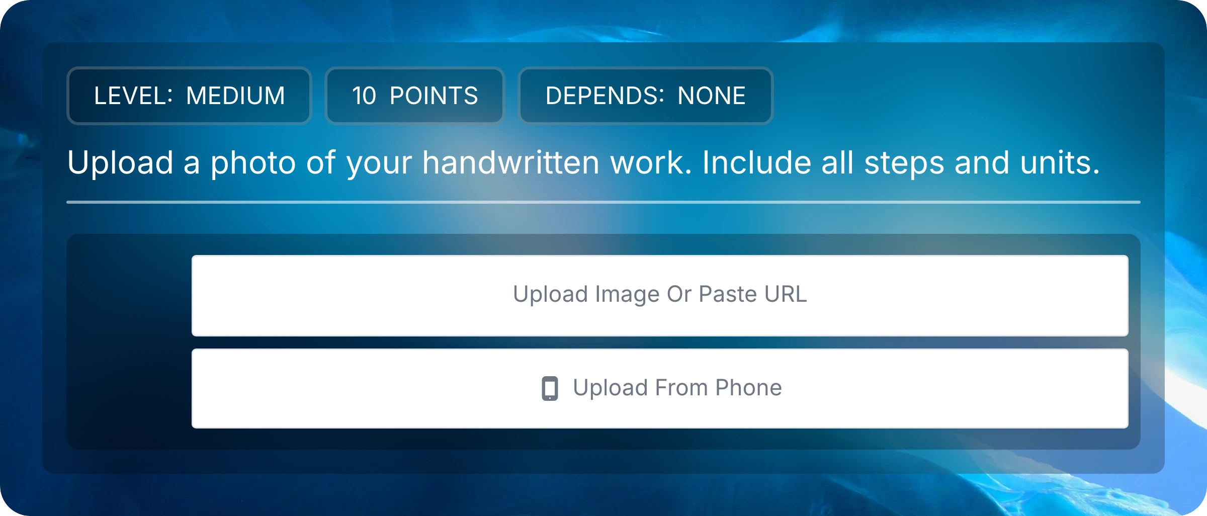 An image-response question with Upload Image Or Paste URL and Upload From Phone buttons.