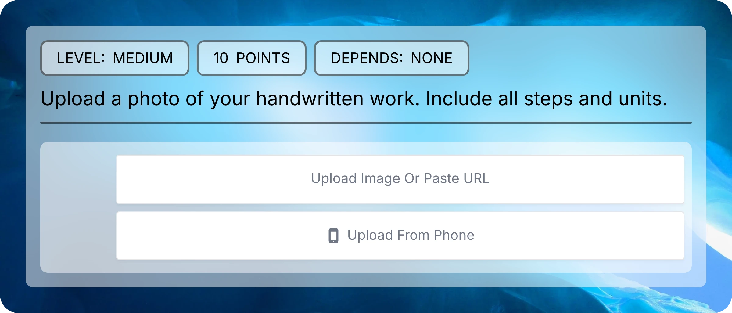 An image-response question with Upload Image Or Paste URL and Upload From Phone buttons.