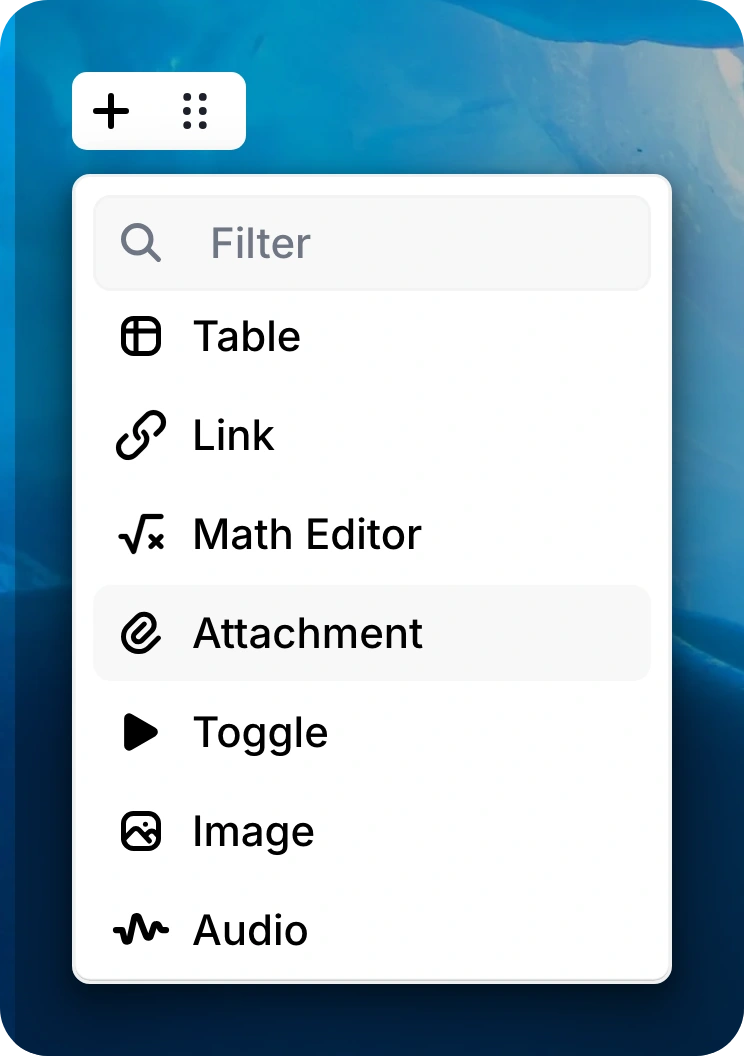 Close-up of the editor’s + menu, scrolled down with Attachment highlighted.
