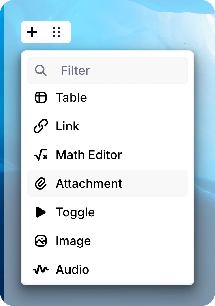 Close-up of the editor’s + menu, scrolled down with Attachment highlighted.