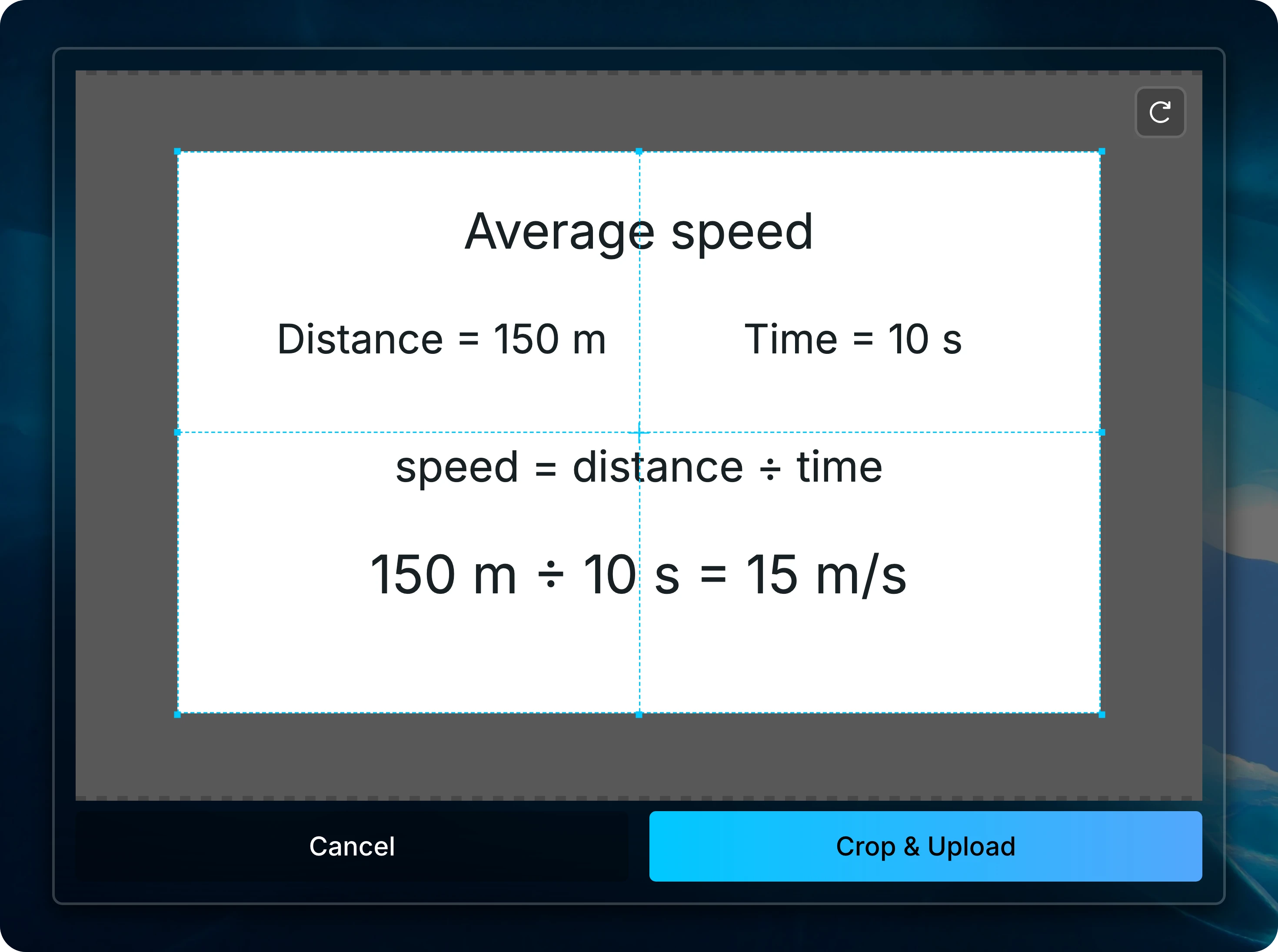 Image-cropping dialog showing a handwritten calculation, a rotation control, and Crop & Upload.