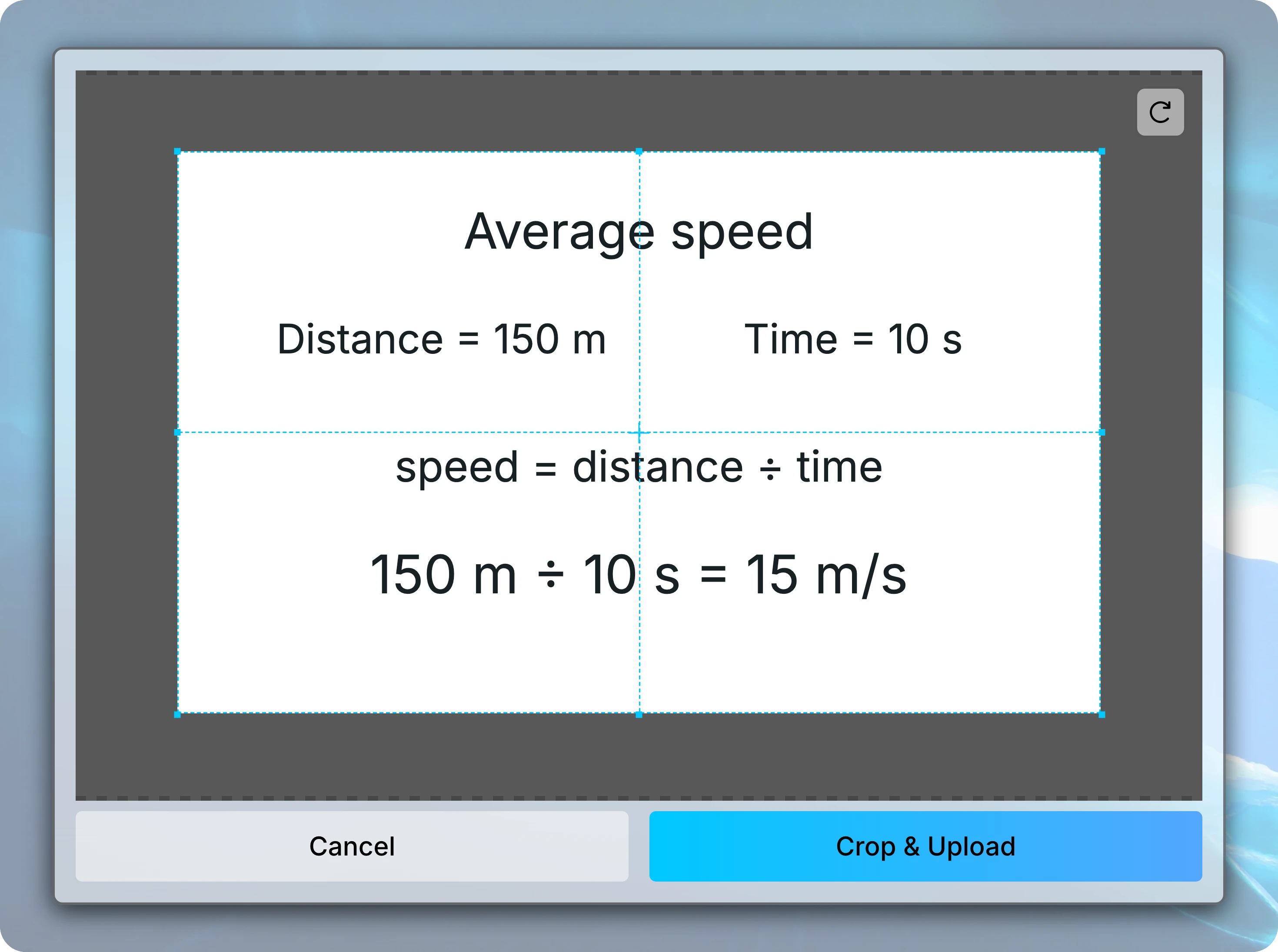 Image-cropping dialog showing a handwritten calculation, a rotation control, and Crop & Upload.