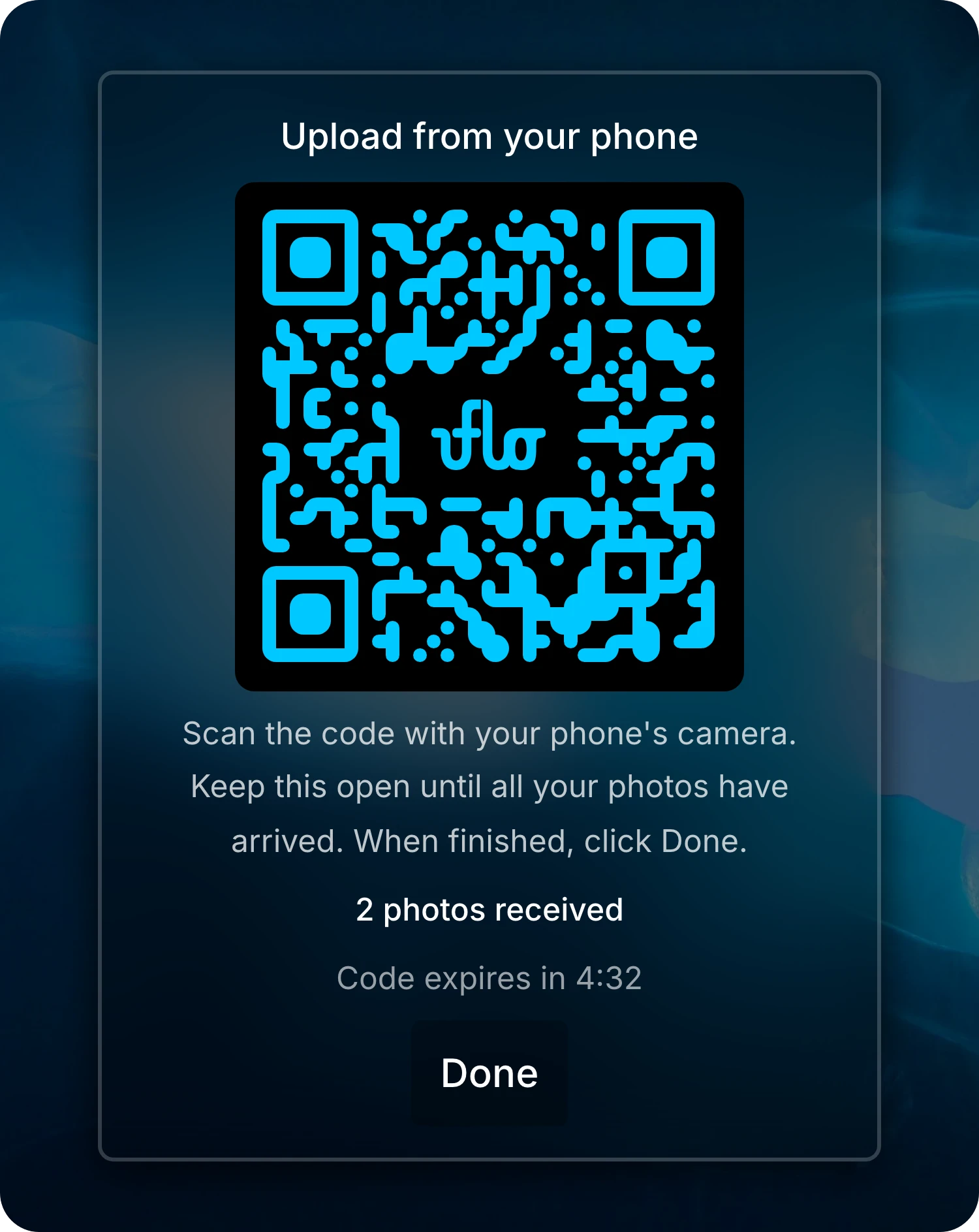 Upload from your phone dialog with an example QR code, two photos received, an expiry timer, and Done.
