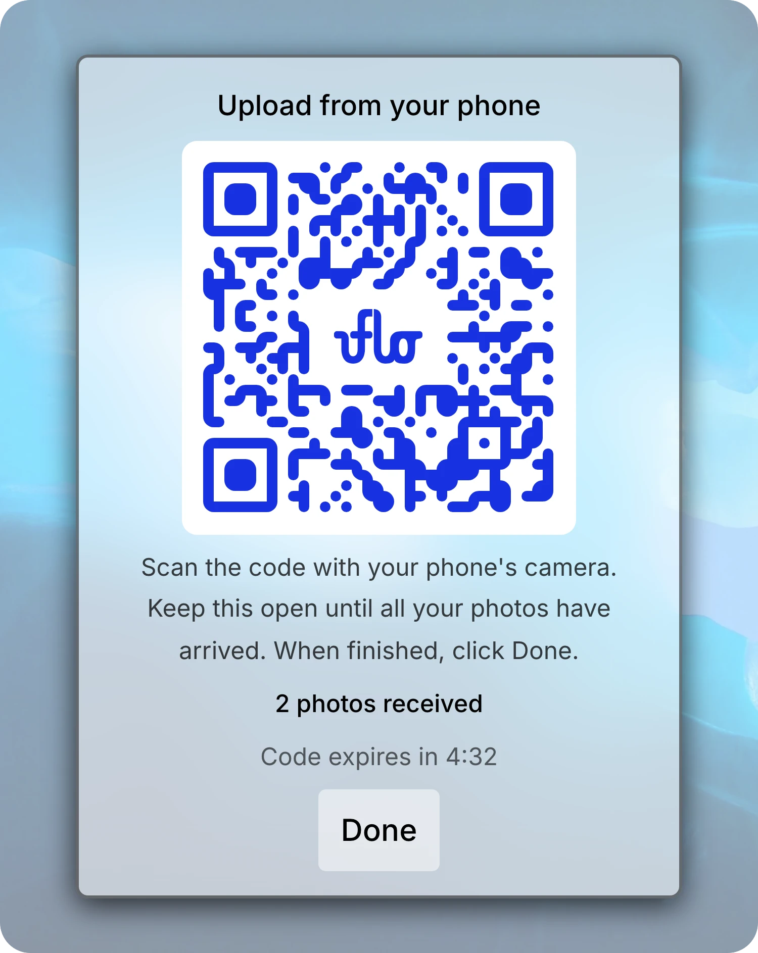 Upload from your phone dialog with an example QR code, two photos received, an expiry timer, and Done.