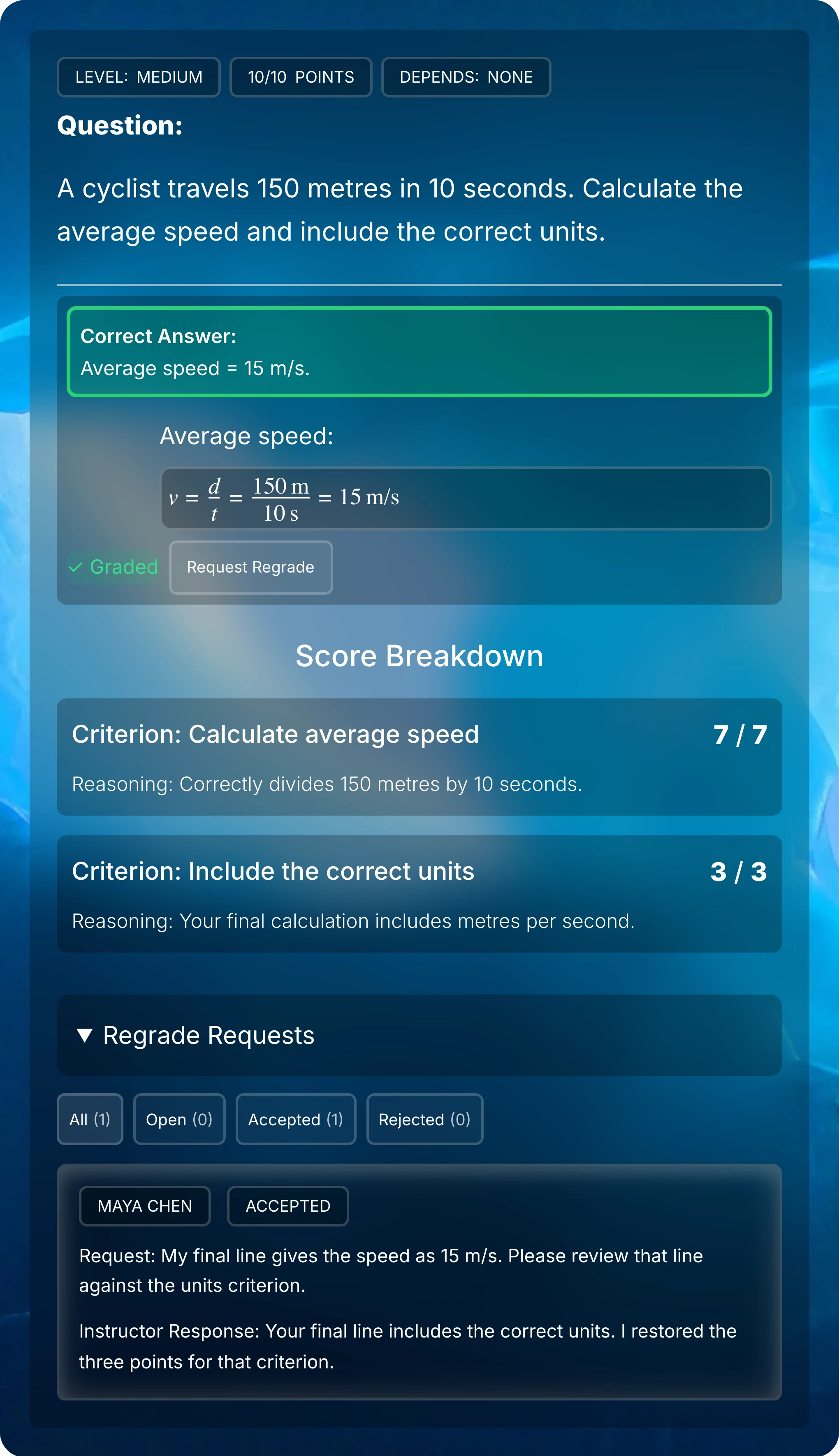 Close view of the graded response, updated 10/10 score, and expanded Regrade Requests showing the instructor’s decision to restore three points for units.
