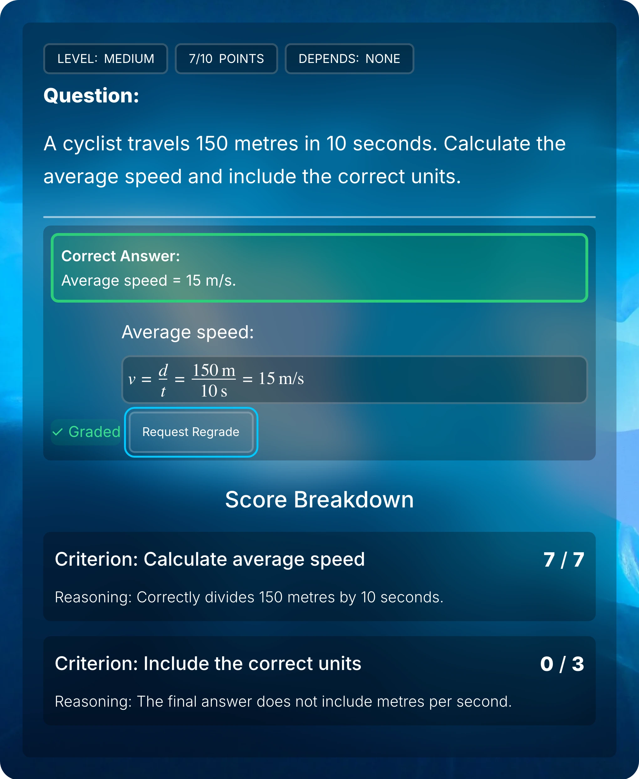 Close view of the question, submitted calculation with units, highlighted Request Regrade button, and feedback that incorrectly deducted three points for missing units.