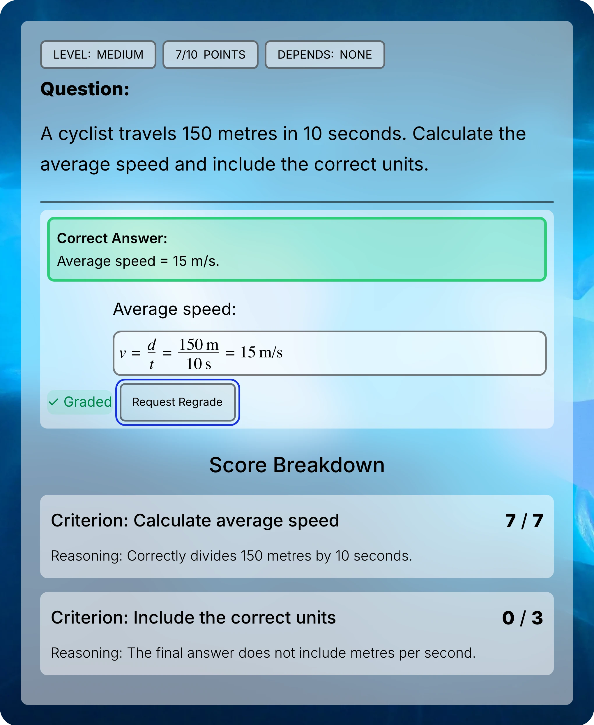 Close view of the question, submitted calculation with units, highlighted Request Regrade button, and feedback that incorrectly deducted three points for missing units.