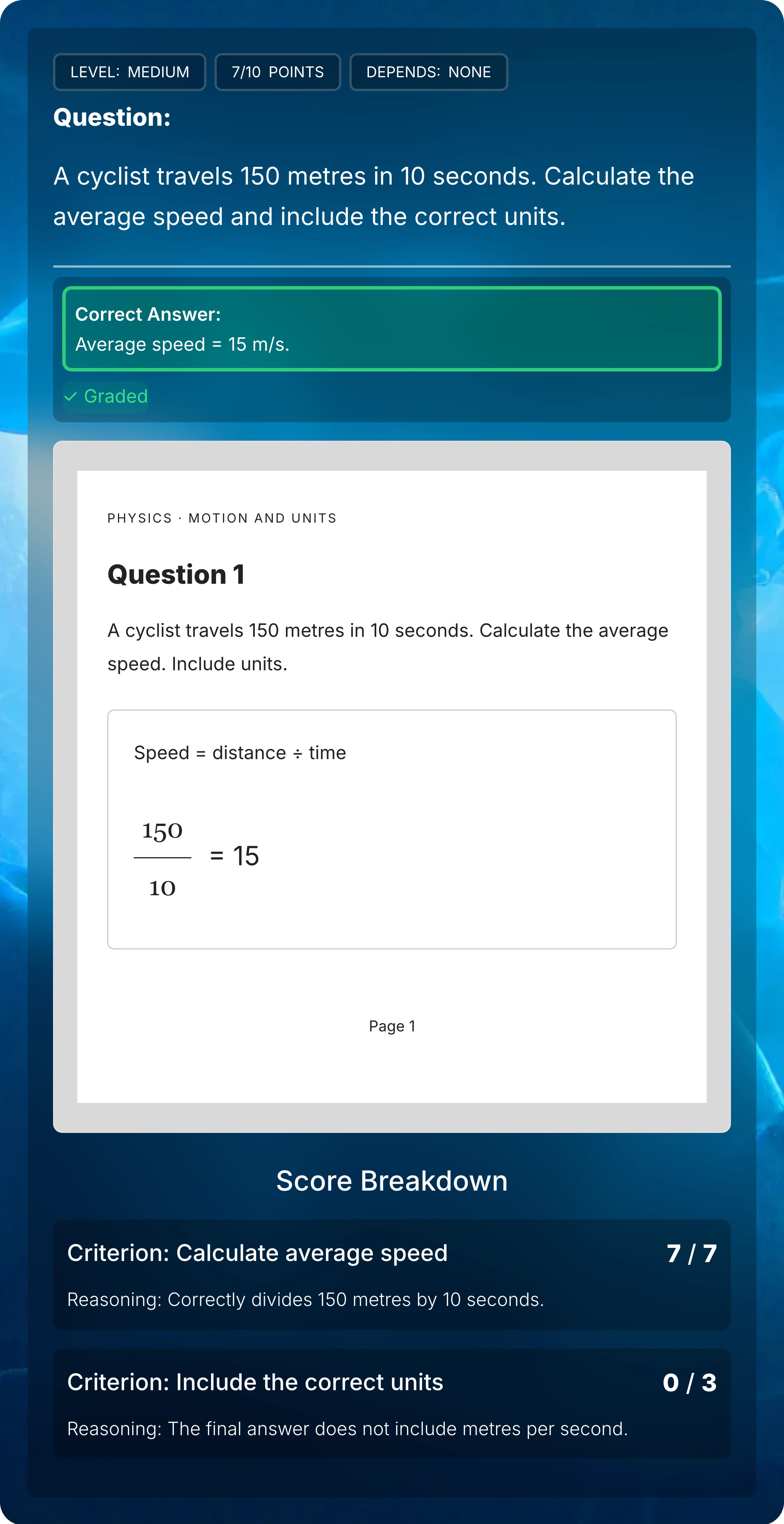 Close view of the question, correct answer, scanned paper response without units, and corresponding seven-out-of-ten score breakdown.