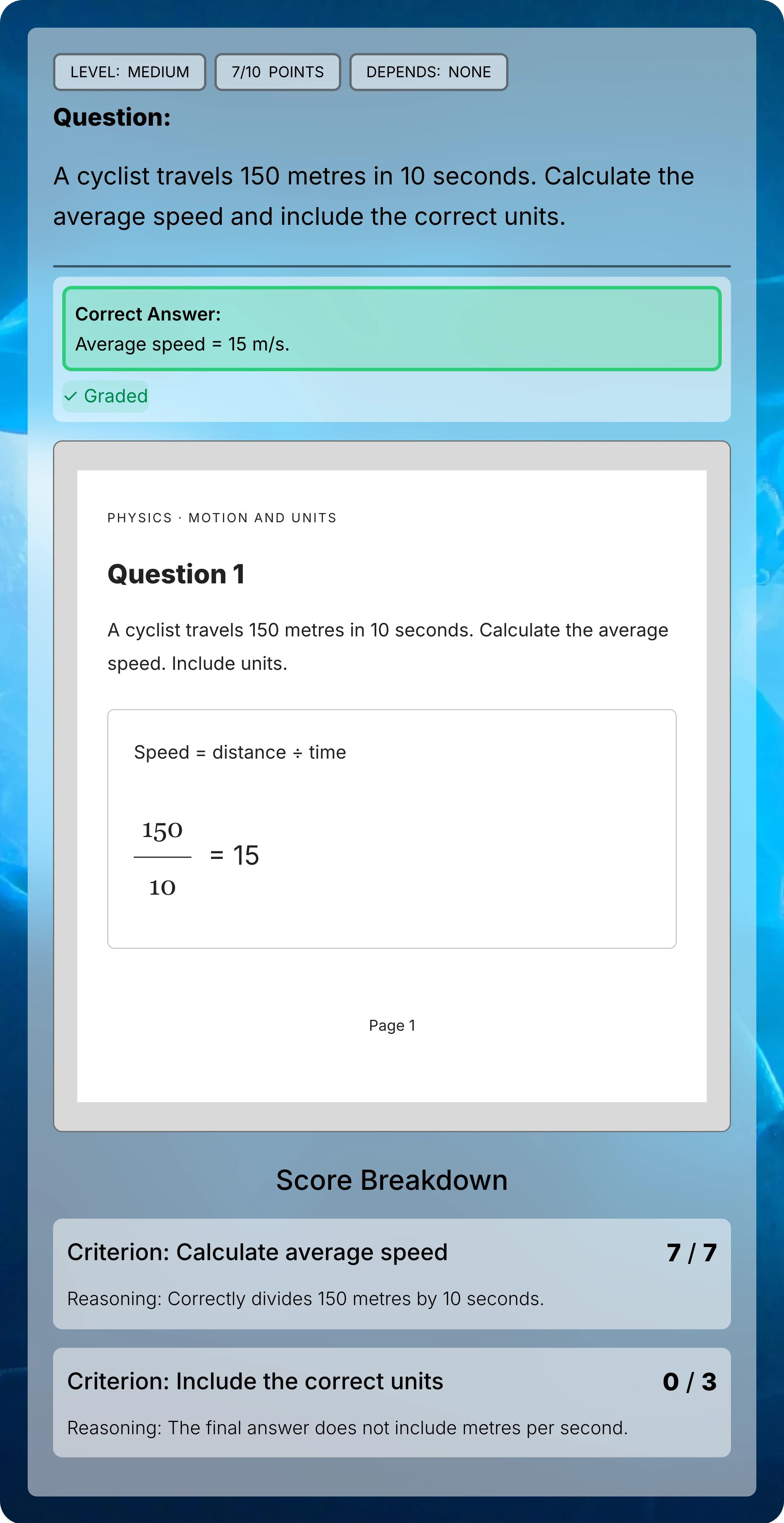 Close view of the question, correct answer, scanned paper response without units, and corresponding seven-out-of-ten score breakdown.