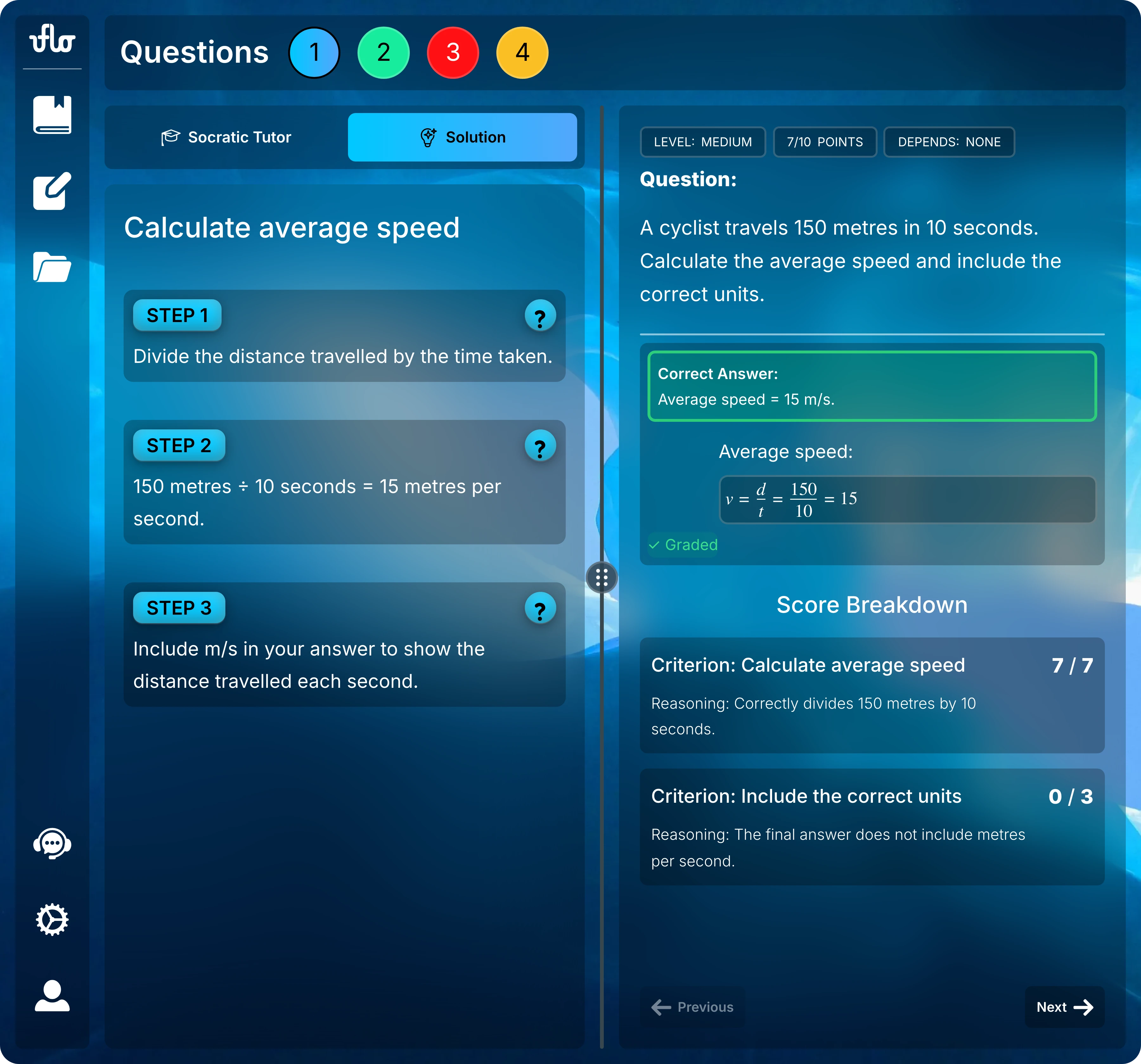 Full assessment page with the Solution tab selected, three worked steps on the left, and the graded response and score breakdown on the right.