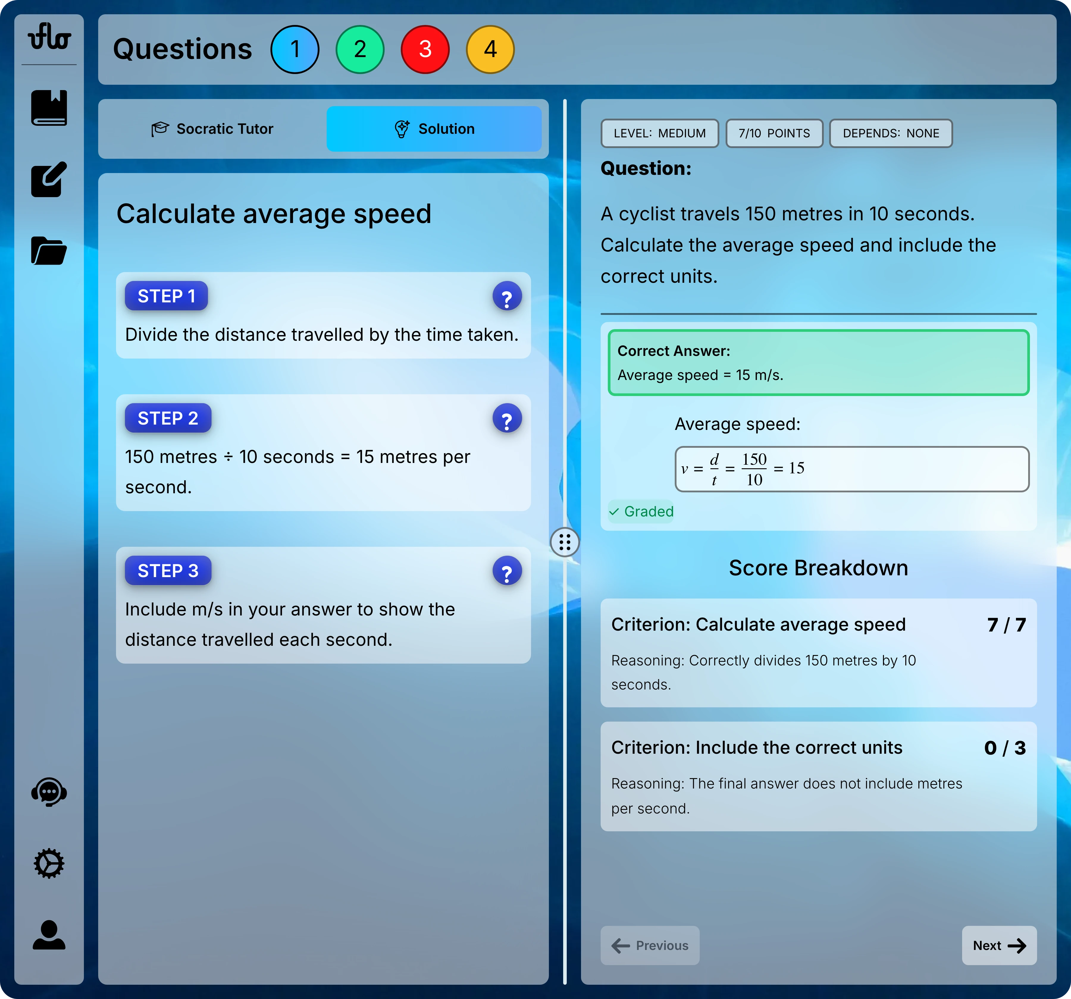 Full assessment page with the Solution tab selected, three worked steps on the left, and the graded response and score breakdown on the right.
