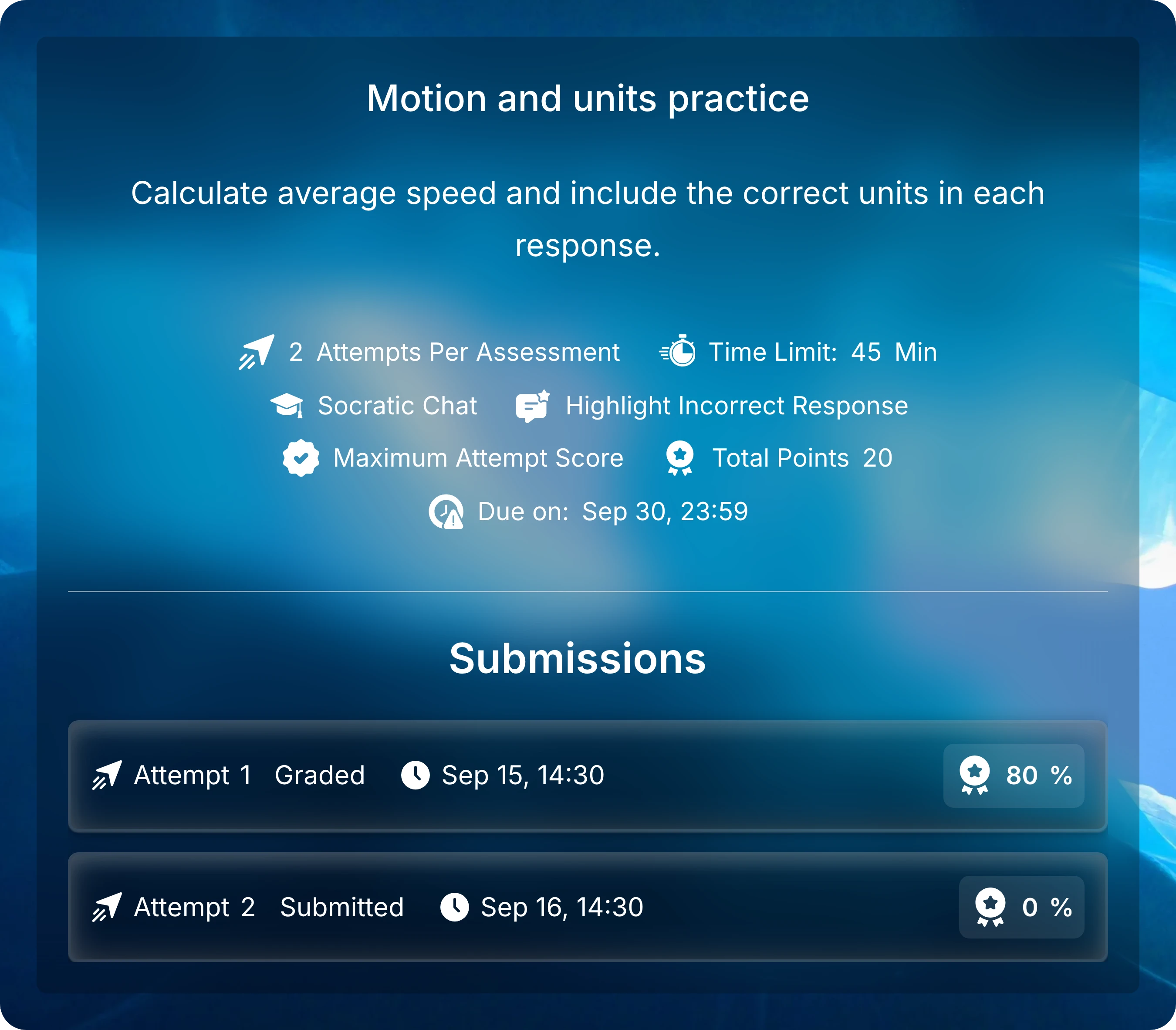 Assessment lesson with Submissions showing Attempt 1 graded at 80% and Attempt 2 marked Submitted with a provisional score.