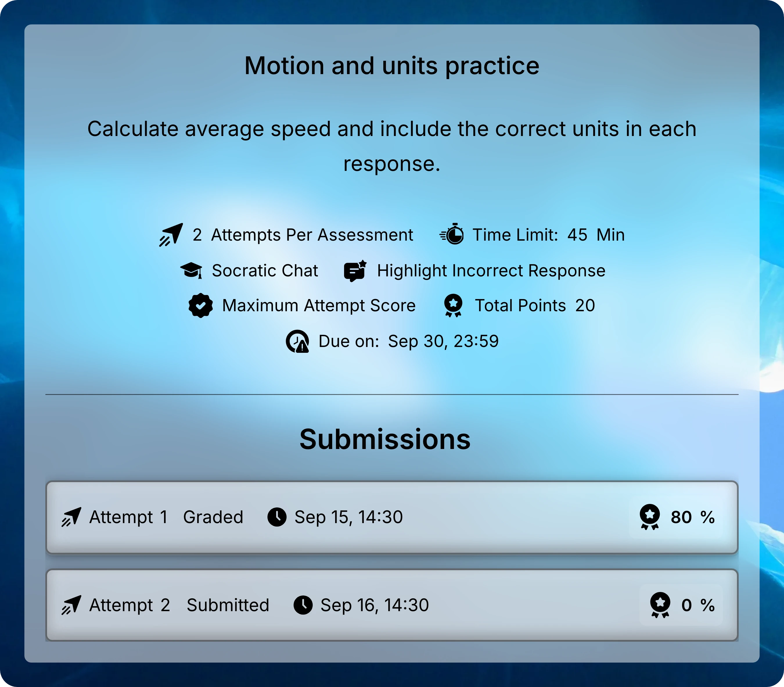 Assessment lesson with Submissions showing Attempt 1 graded at 80% and Attempt 2 marked Submitted with a provisional score.