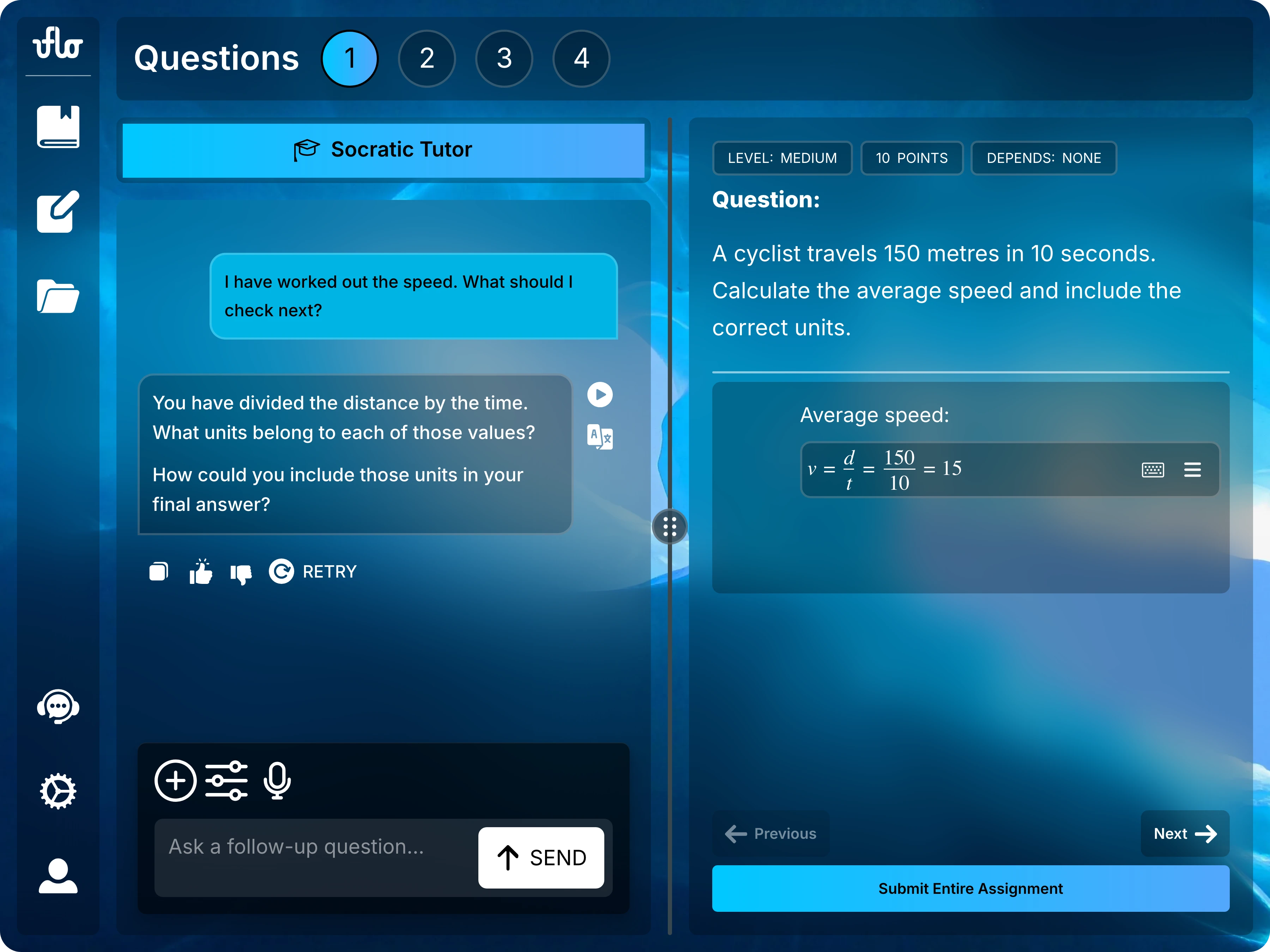 Full assessment page with the Socratic Tutor on the left and an average-speed question and math editor calculation on the right.