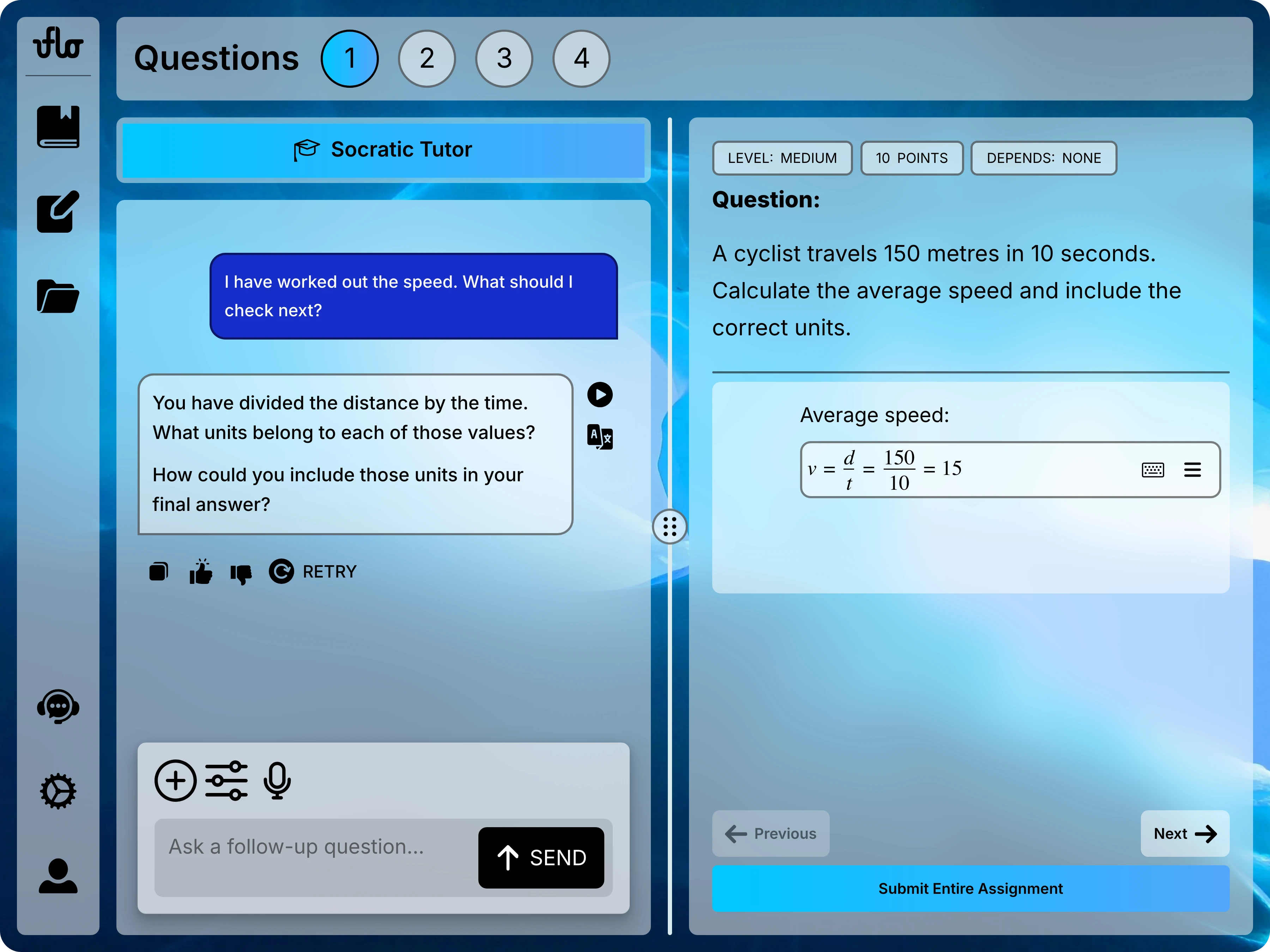 Full assessment page with the Socratic Tutor on the left and an average-speed question and math editor calculation on the right.