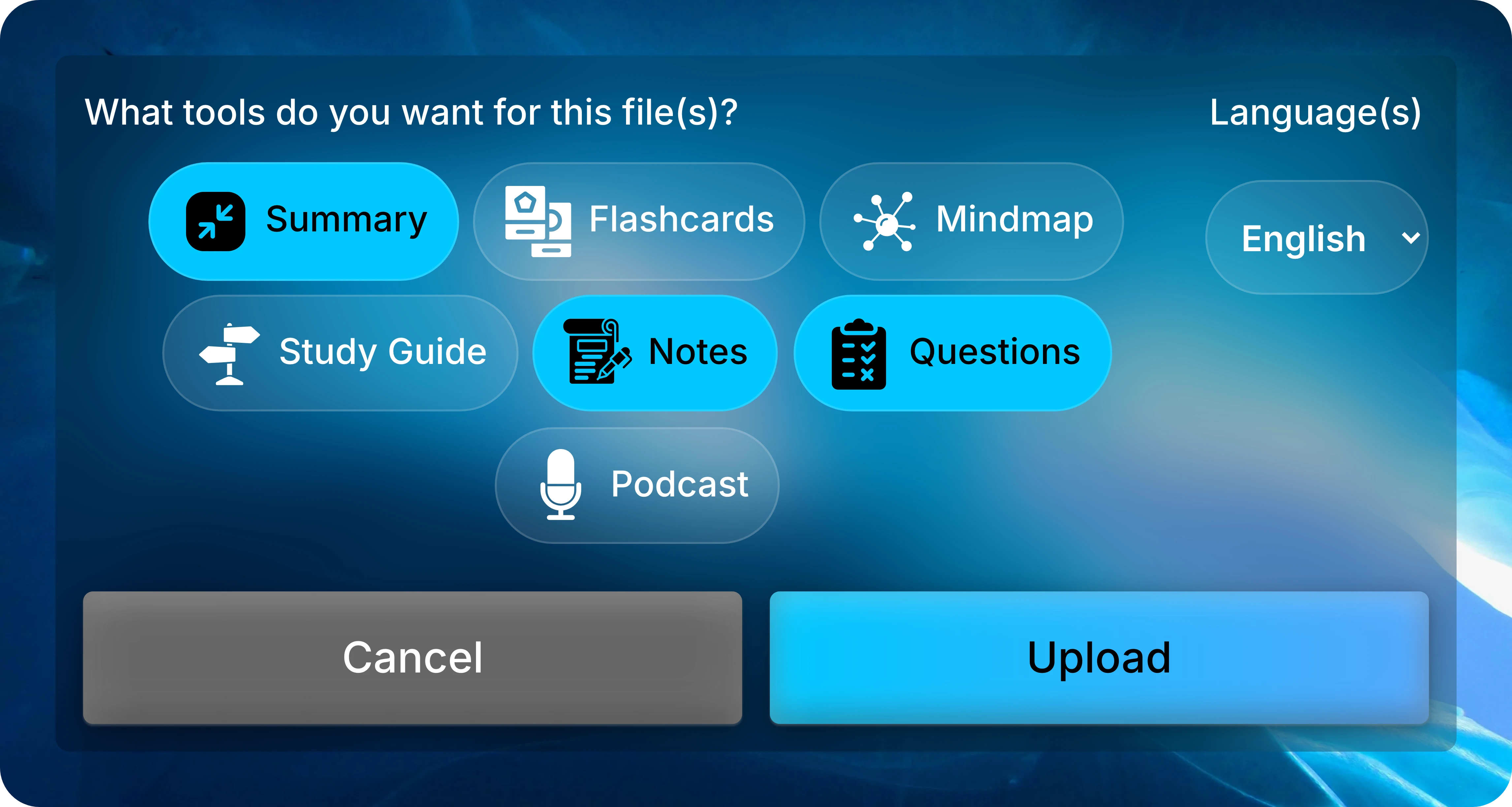 Upload settings showing Summary, Notes, and Questions selected, English as the language, and the Upload button.