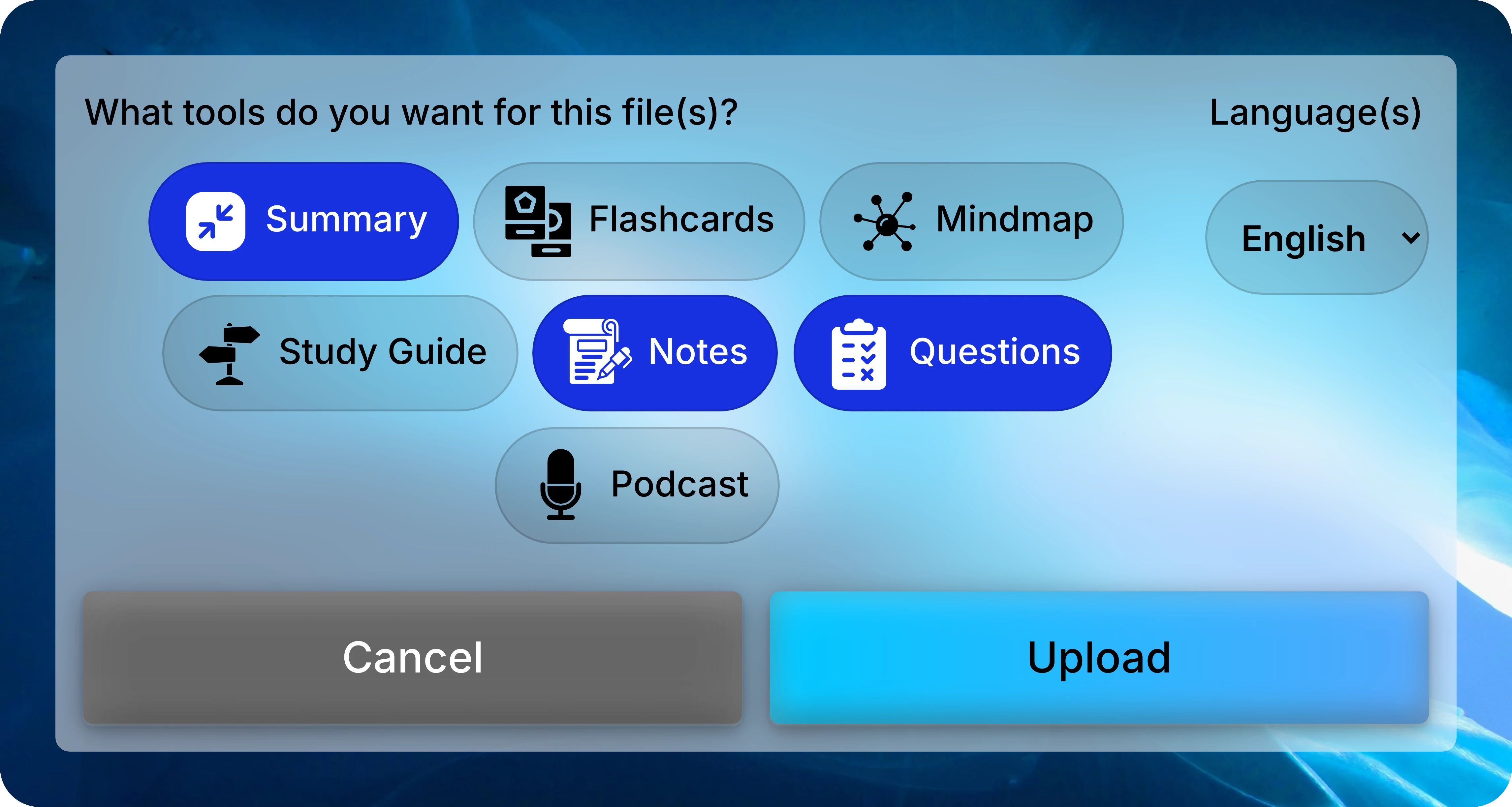 Upload settings showing Summary, Notes, and Questions selected, English as the language, and the Upload button.