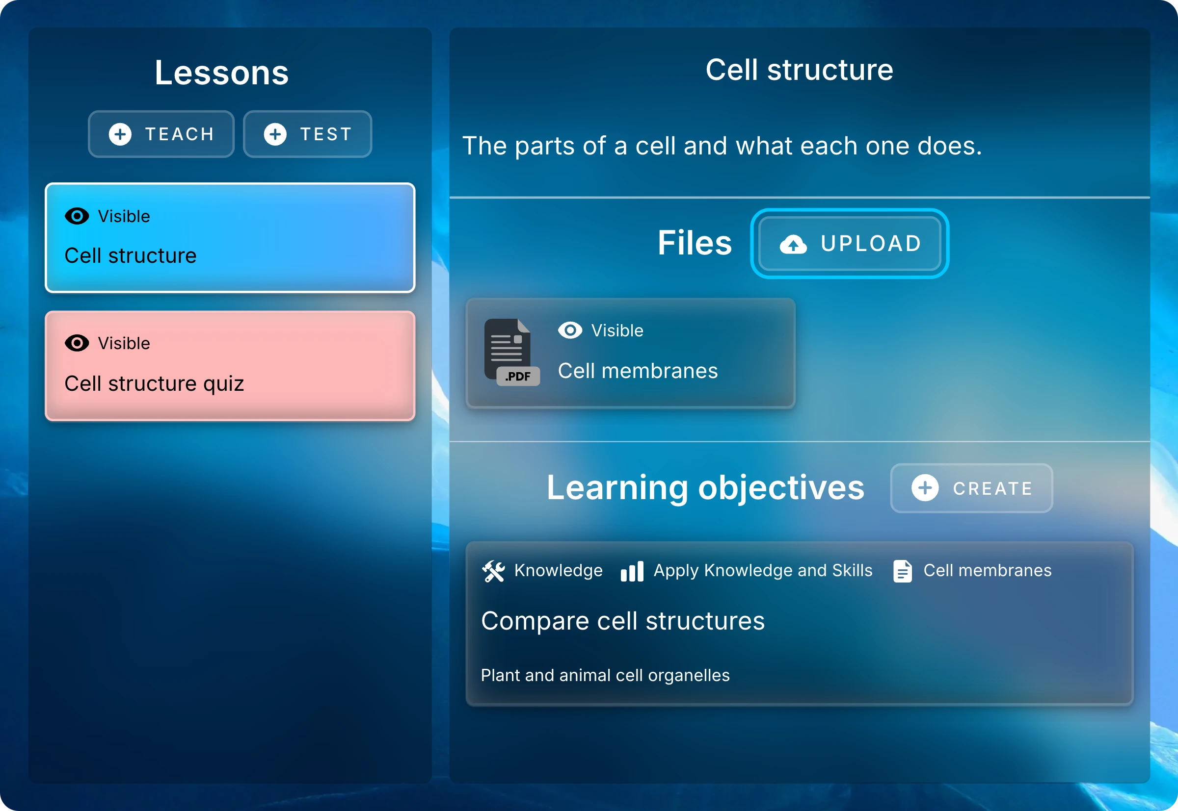 Cell structure lesson panel with the Cell membranes file listed and the Upload button beside the Files heading highlighted.