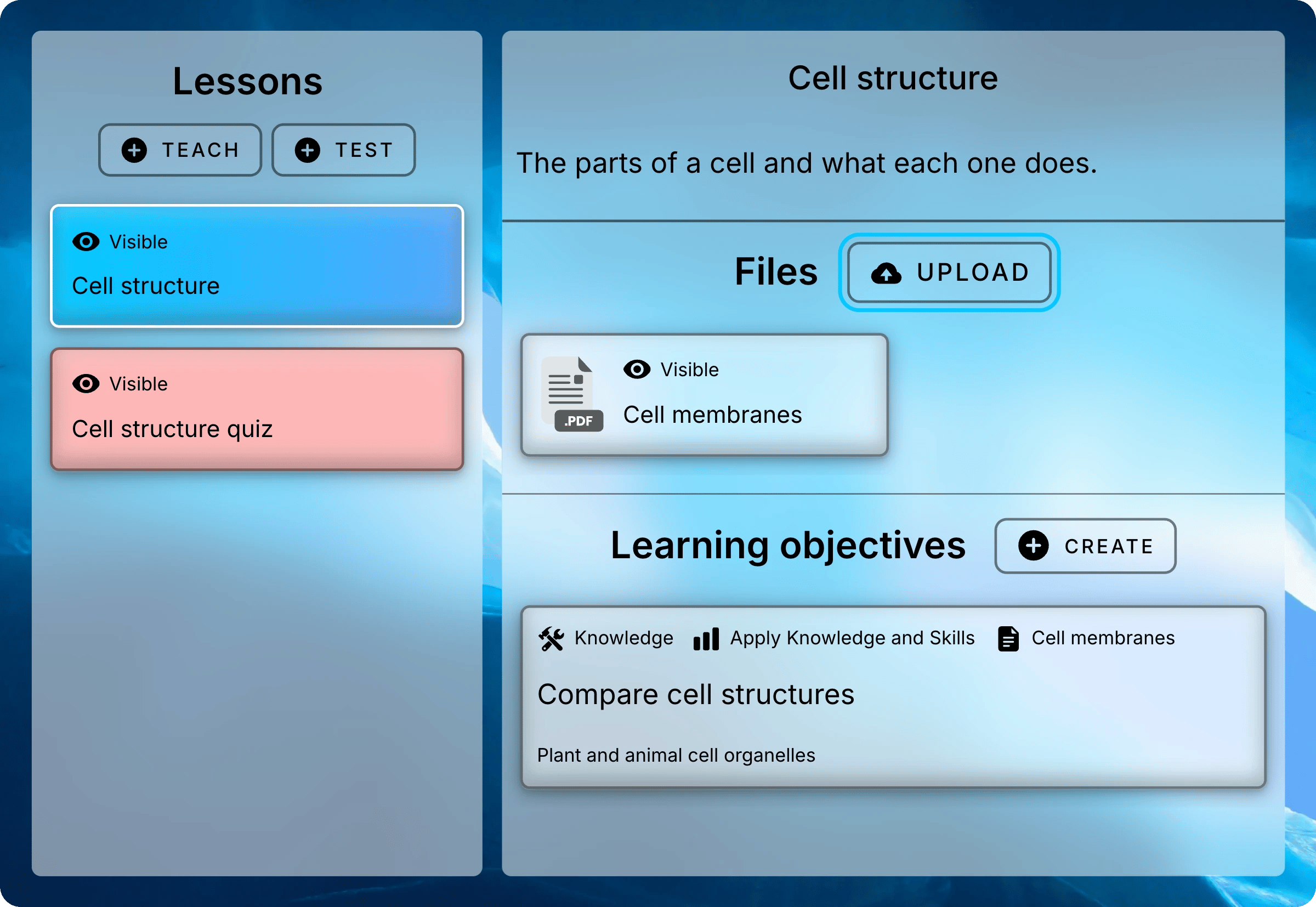 Cell structure lesson panel with the Cell membranes file listed and the Upload button beside the Files heading highlighted.