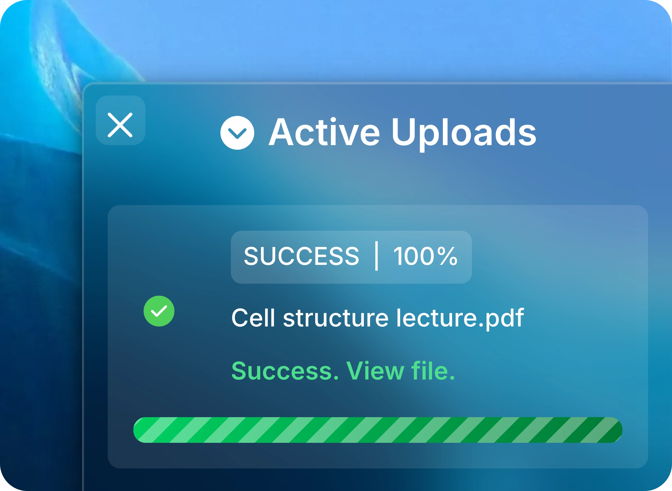 Active Uploads panel with Cell structure lecture.pdf at 100 percent and Success. View file.