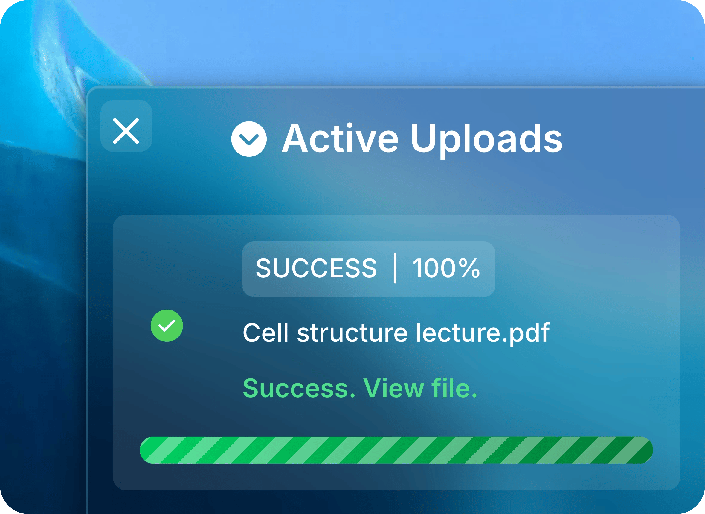 Active Uploads panel with Cell structure lecture.pdf at 100 percent and Success. View file.