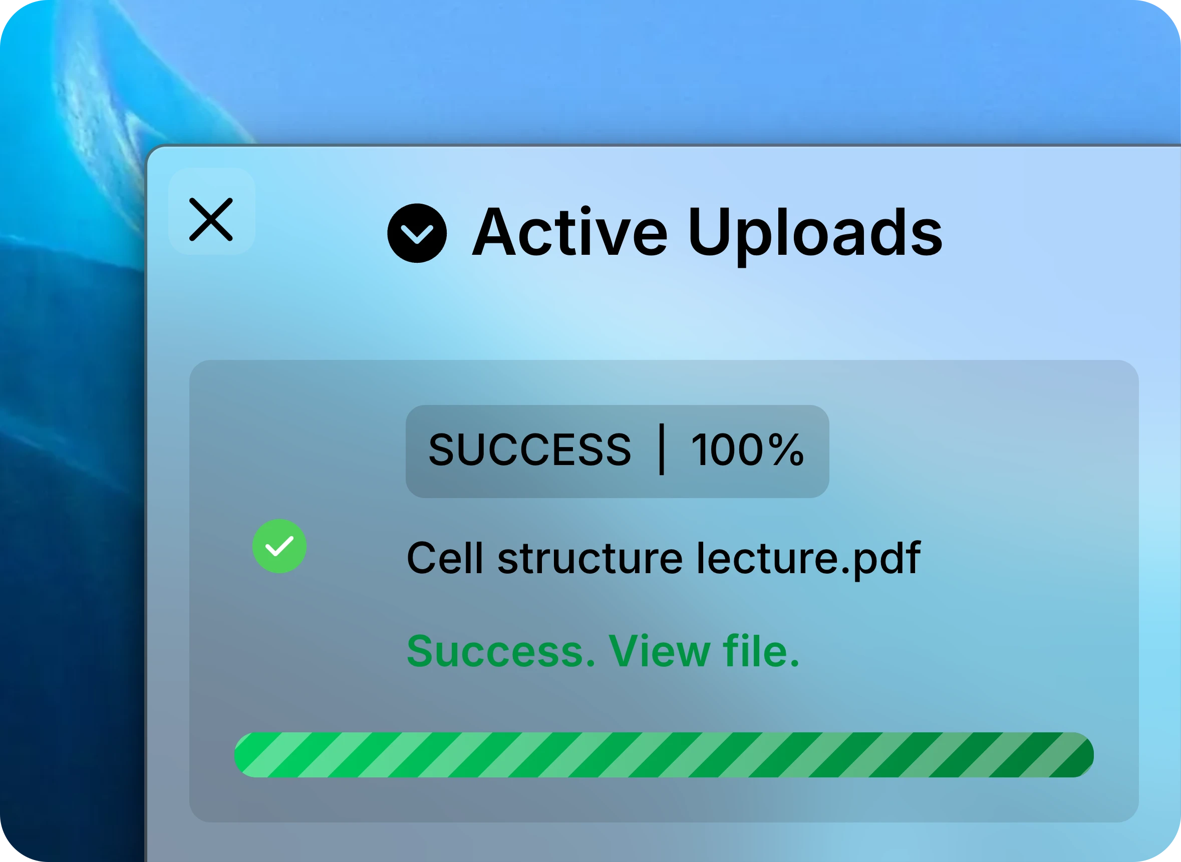 Active Uploads panel with Cell structure lecture.pdf at 100 percent and Success. View file.