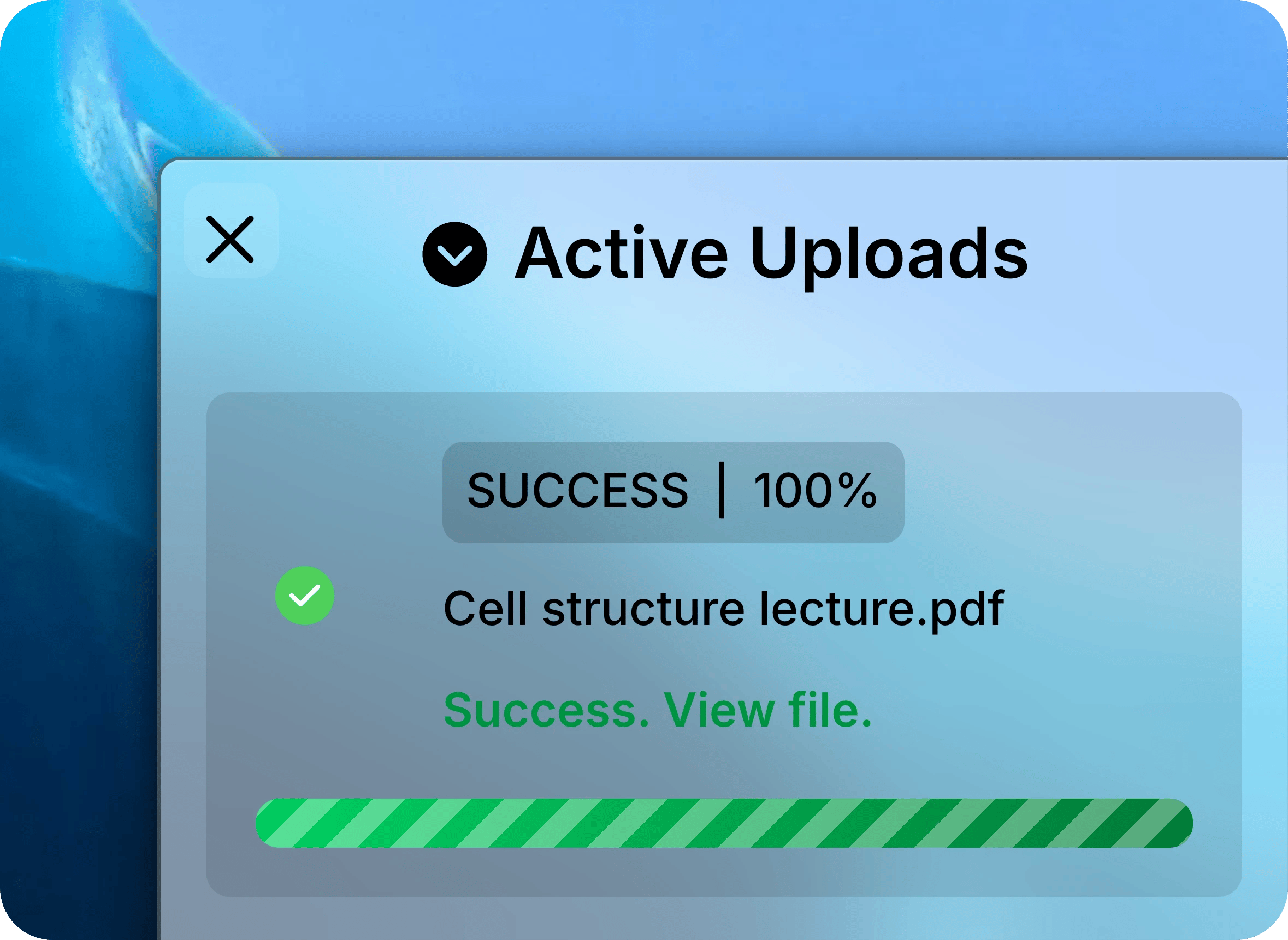 Active Uploads panel with Cell structure lecture.pdf at 100 percent and Success. View file.